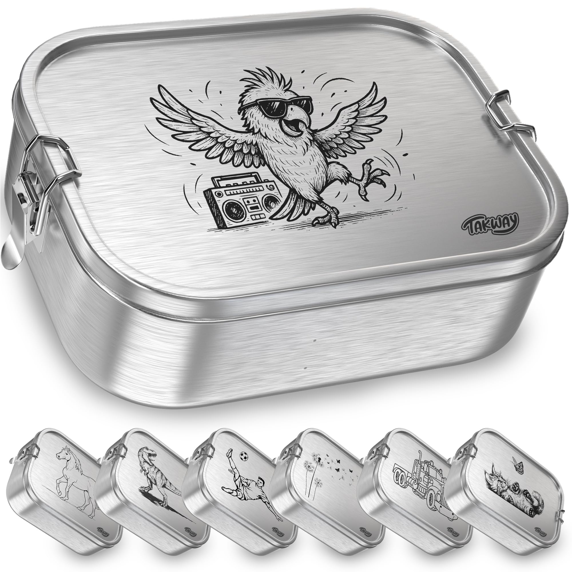 TAKWAY Edelstahl Brotdose mit Fächern 800ml – Auslaufsichere Lunchbox für Kinder & Erwachsene, Bento Box mit flexibler Unterteilung, für Kindergarten, Schule & unterwegs (Papagei, 3-Fächer)