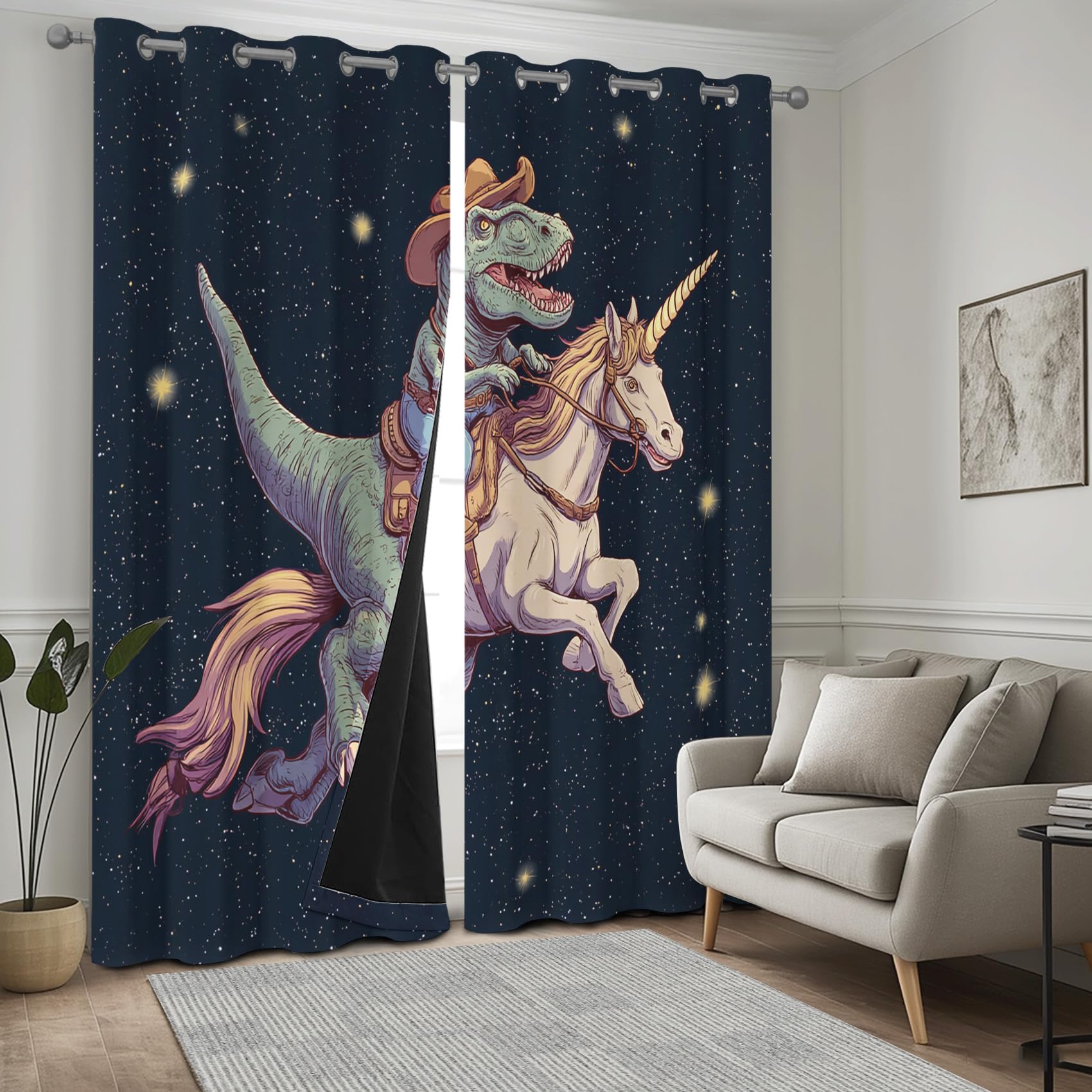 Rideau Occultant Licorne Dinosaure Drôle, Motif Animaux Galaxie Enfants Rideau Thermique Tenture Opaque à Oeillets, Rideaux Decoration Chambre Maison Salon Intérieurs, 140x280cm, 2 Pièces yuL249