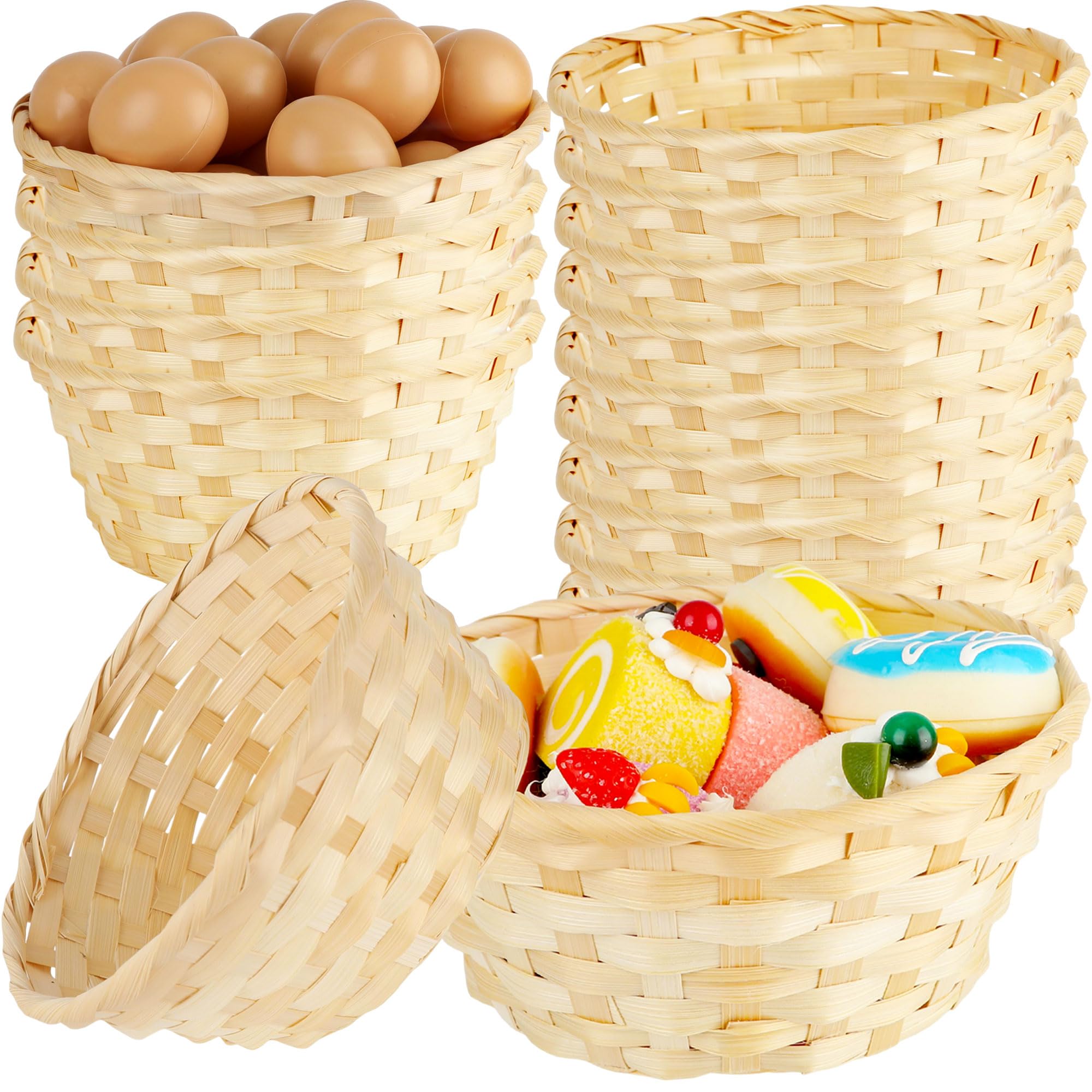 Photo 1 of 16 Pcs Round Gift Baskets 8 Inch Bamboo Bread Fruit Serving Basket Handmade Woven Wicker Basket for Egg Hunt Party Favors Kitchen Storaget Picnic Outing