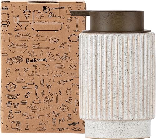 Fun Elements Dispensador de jabón de cerámica, dispensador de jabón de plástico de grano de madera, botella recargable de 10 onzas para jabón