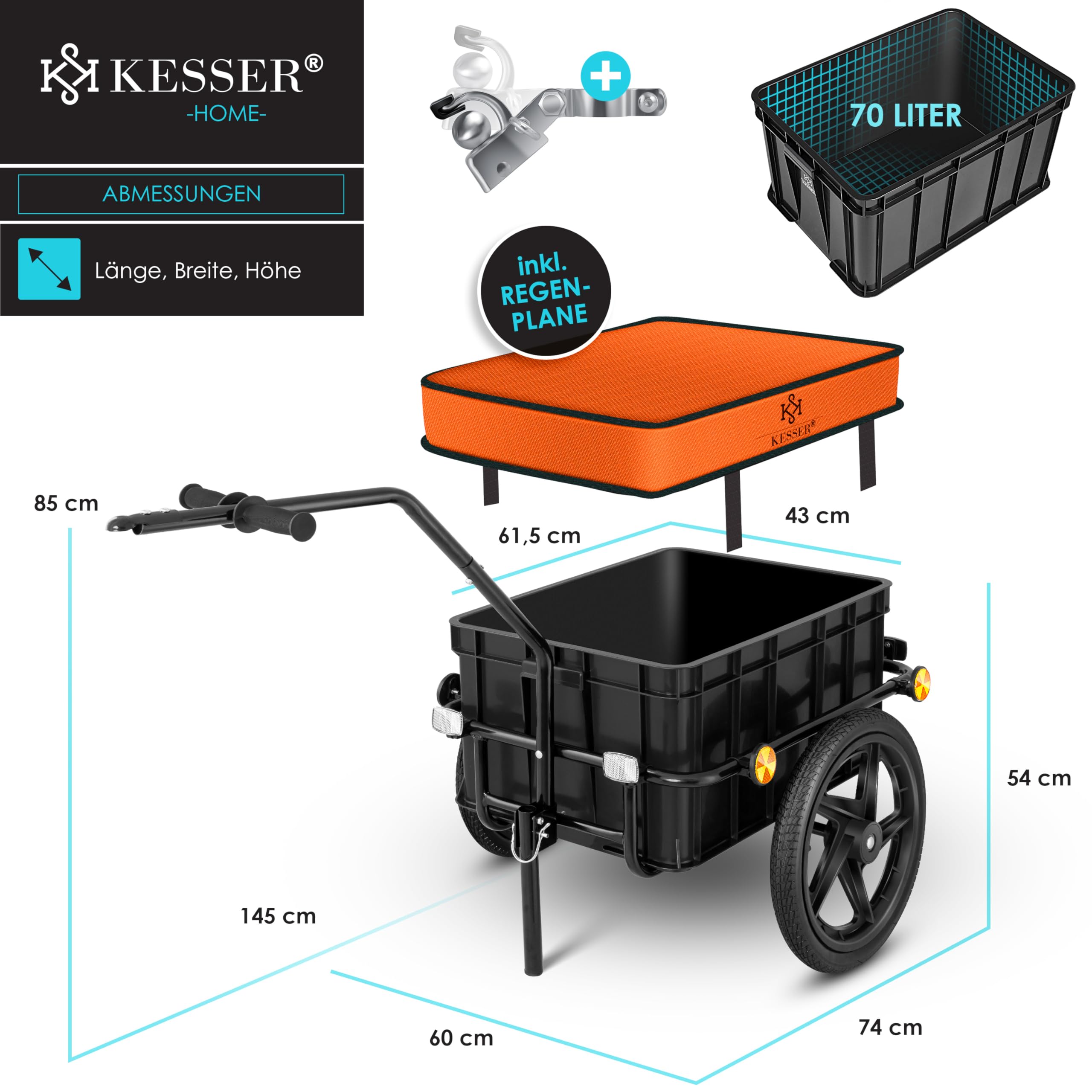 KESSER® Remorque Vélo Chariot Transport 70L 60kg