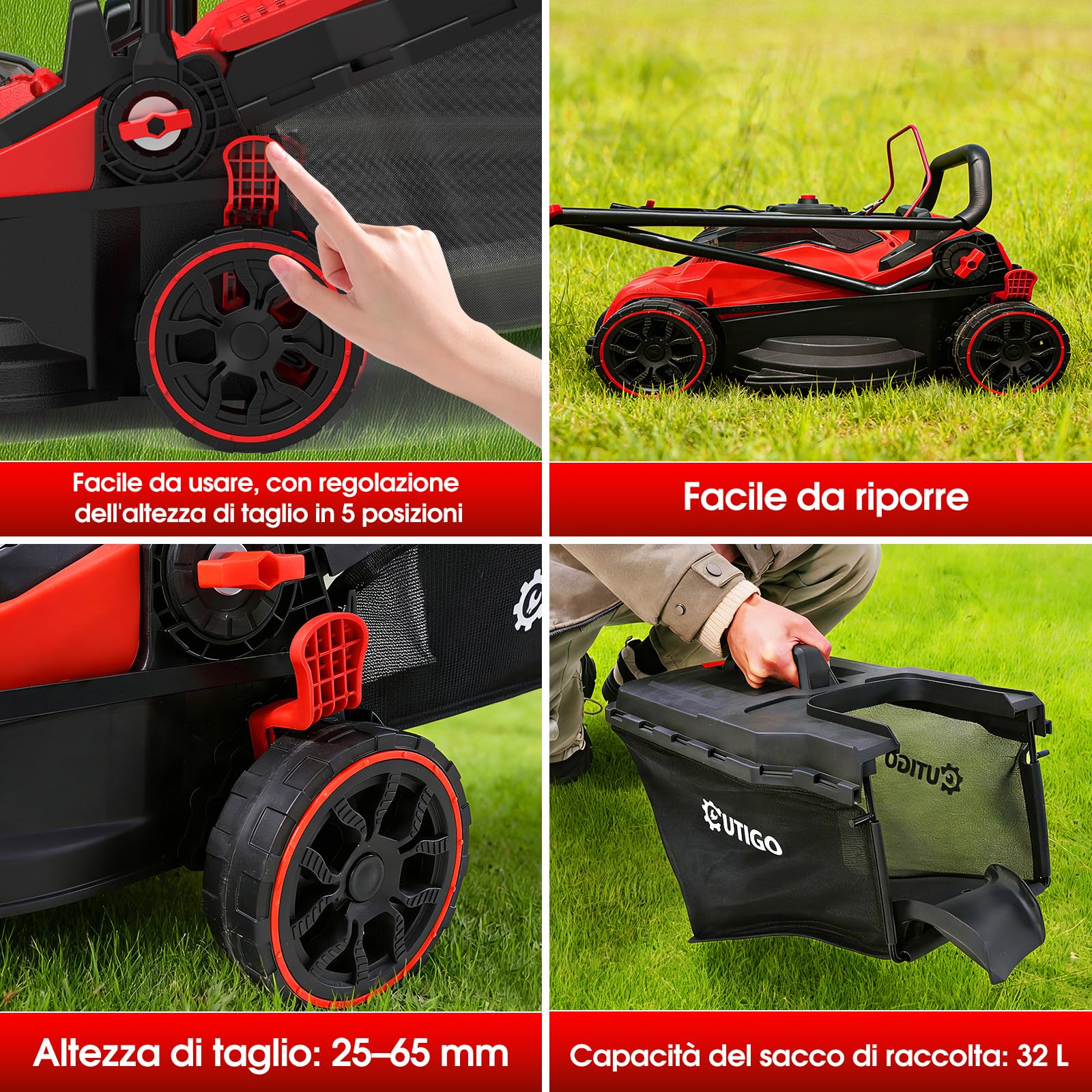 OUTIGO Tagliaerba a Batteria 21V, 5,0 Ah Inclusa, Larghezza di Taglio 33 cm, Autonomia 250 m², Cesto Raccoglierba 32 L, Altezza di Taglio Regolabile 25-65 mm