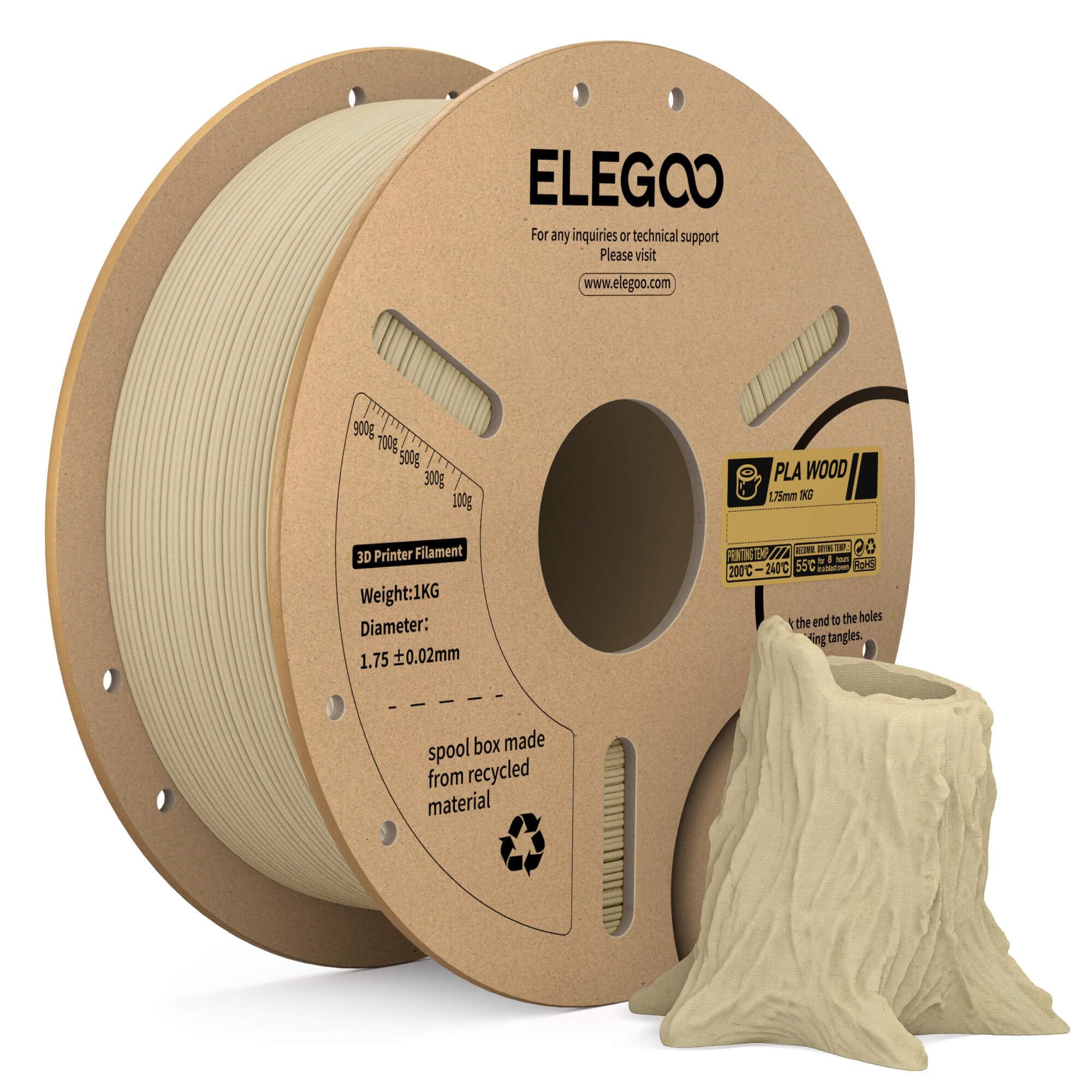 ELEGOO PLA Wood Filamento 1,75mm 1KG, Filamento PLA con Aggiunta di Farina di Legno, Precisione Dimensionale, Bobina da 1kg, Compatibile con la Maggior Parte delle Stampanti 3D FDM, Betulla Chiara
