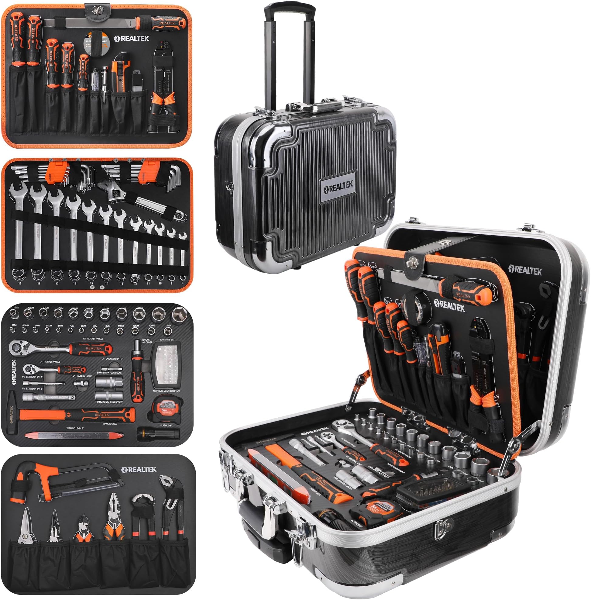 REALTEK 123pcs Tool Set, Portable Home Tool Kit with Aluminum Trolley