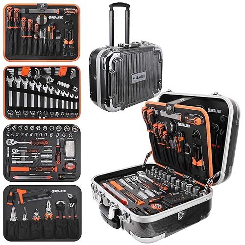 REALTEK 123pcs Tool Kit, Mechanic Tool Set, Portable Tool Kits for Home with Aluminum Trolley Case, Tool Box with Tools Included, Hand Tool Set Toolkit Household Repair and Diy for Men, CR-V Material