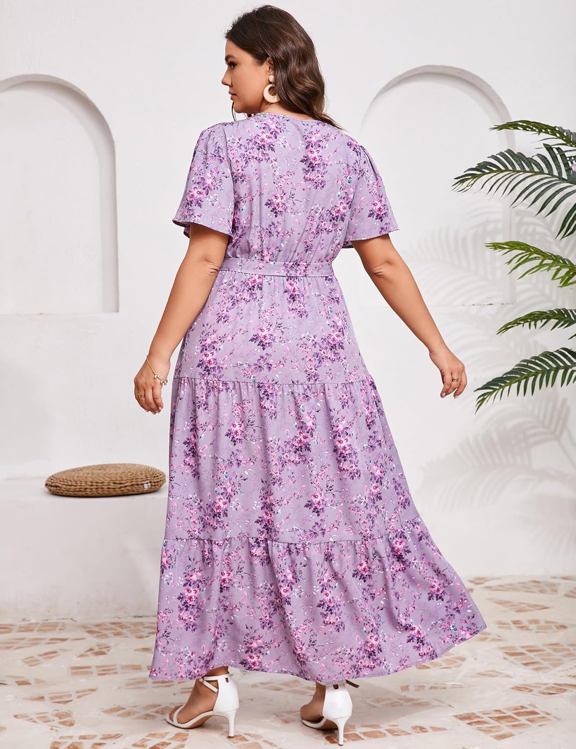 ShopWonder Womens Plus Size V Neck Wrap Maxi Dress High Waist Ruffle Summer Casual Dress with Belt