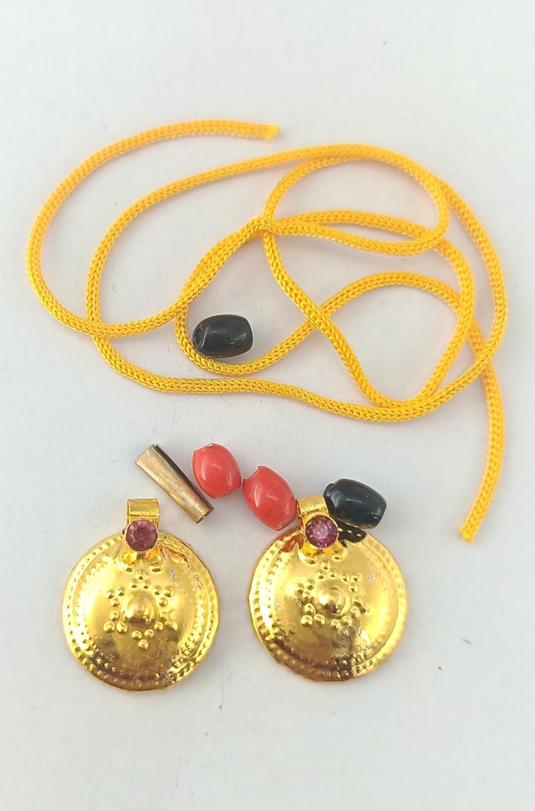 (Set of 1 Round Mangal Sutra Thalli Bottu (Brass) with Yellow Thread for Religious Hindu Tradition