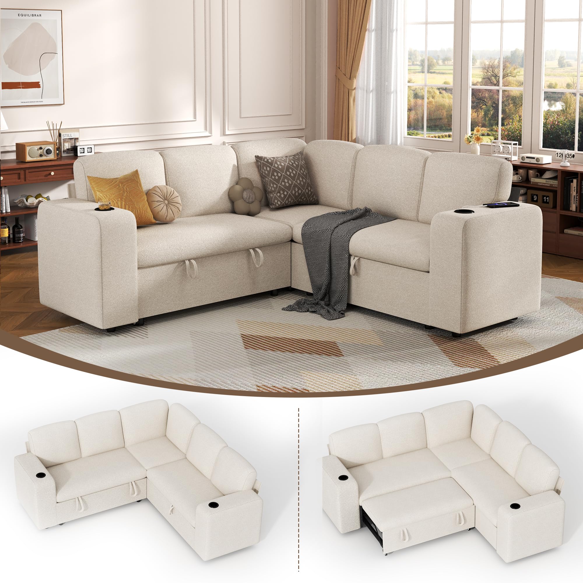Sofá esquinero modular de 5 plazas en forma de L con función de cama, chaise longue con almacenamiento y puerto de carga USB, cama extraíble, respaldo ajustable, tela de cachemira, beige y