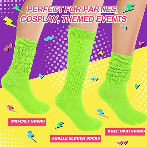 Miniatura 2 de Calcetines holgados de neón para mujer, calcetines altos hasta la rodilla de los años 80 y 90 con aretes de neón y coleteros para fiesta de los años