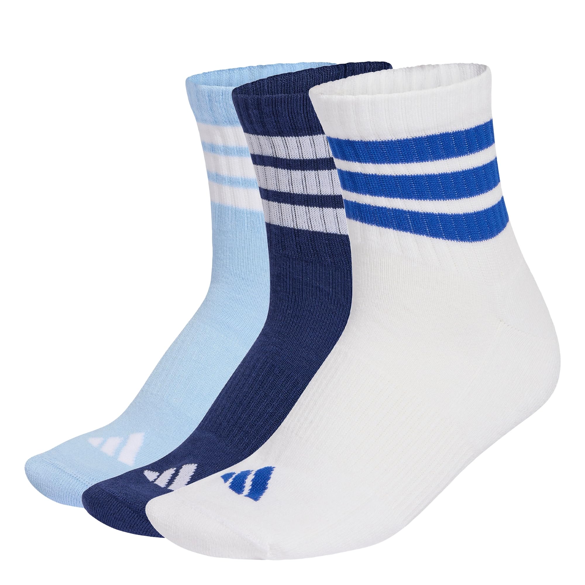 adidas Unisex 3 STRIPES CUSHIONED SPORTSWEAR MID CUT SOCKS 3 PAIR PACK, dark blue/white/glow blue, 13-14.5