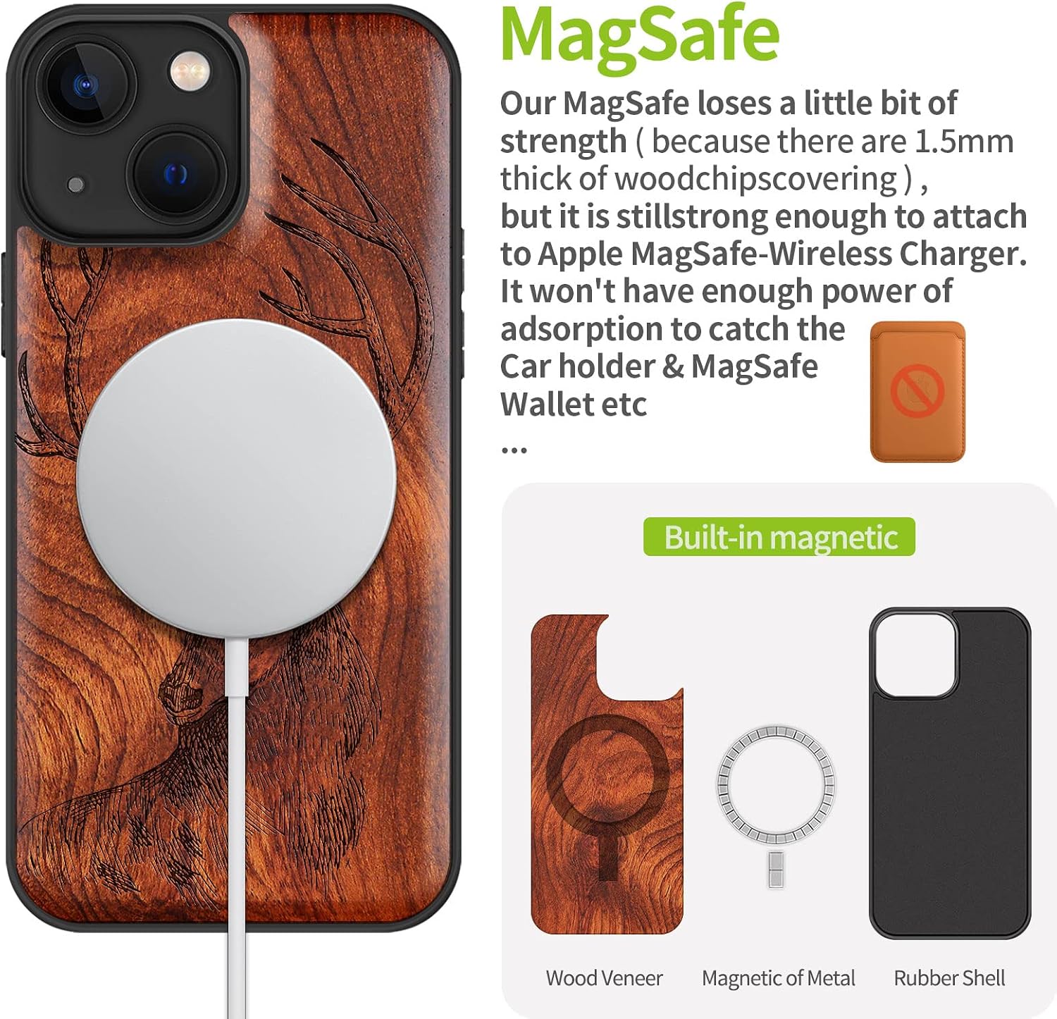 Carveit Magnetic Wood Case for iPhone 13 Mini Case [Natural Wood & Black Soft TPU] Unique & Classy Wooden Shockproof Protective Cover Compatible with MagSafe (Deer Head Carving -Rosy)