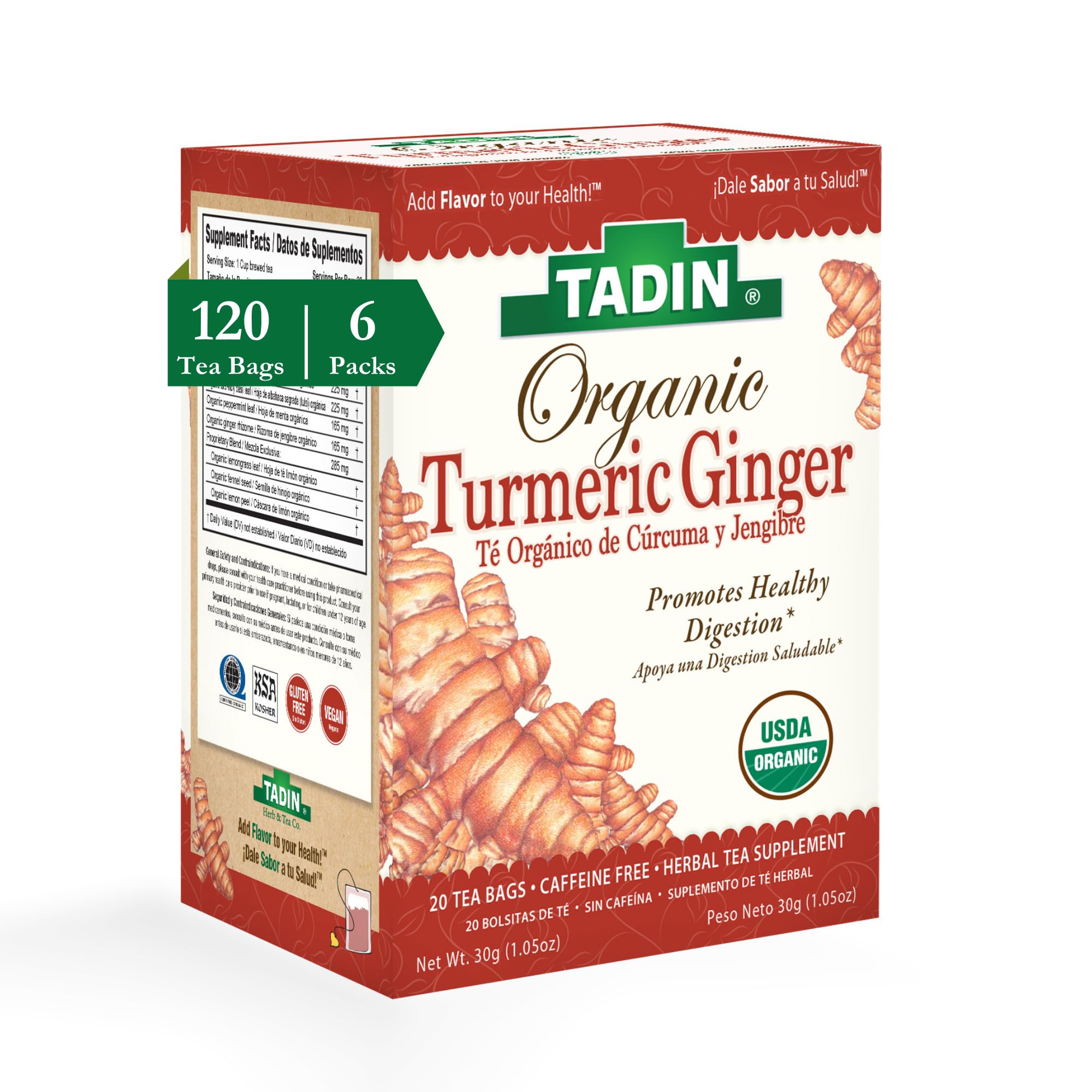 Tadin Organic Turmeric Ginger Tea, Supports Healthy Digestion, Caffeine Free Herbal Tea, 20 Tea Bags Per Box, Pack of 6