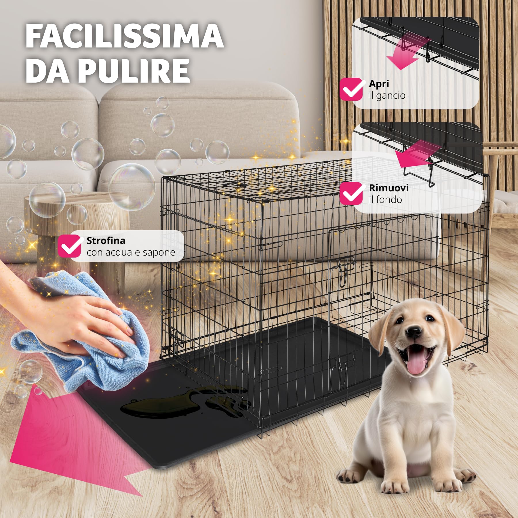 tectake® Trasportino Auto per Cani Spazioso, 78x48x52,5cm, Gabbia per cani con Griglia in Acciaio Robusta, per Gatti, Pieghevole, 2 Porte, Doppia Chiusura, Vasca Rimovibile, 2 Maniglie per Trasporto