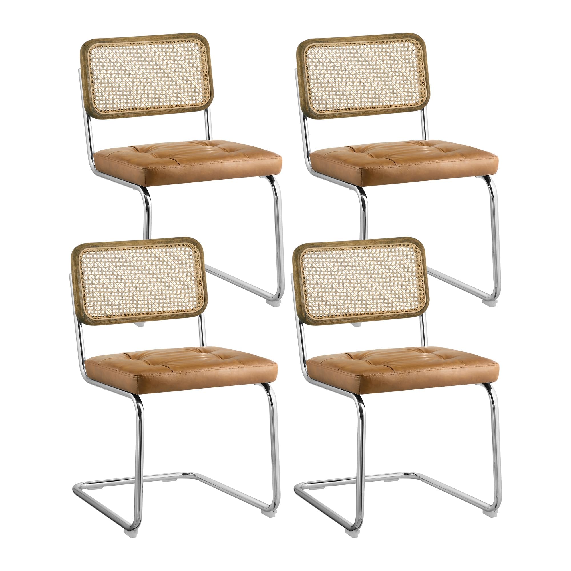 Zouron Stühle 4er Set Schwingstuhl mit echt Eichenholz - Wiener Geflecht Küchenstühle, Gelbbraun Rattan Stuhl Freischwinger Stühle, Kunstledersitz Metallgestell Esszimmerstühle Rocking Chairs