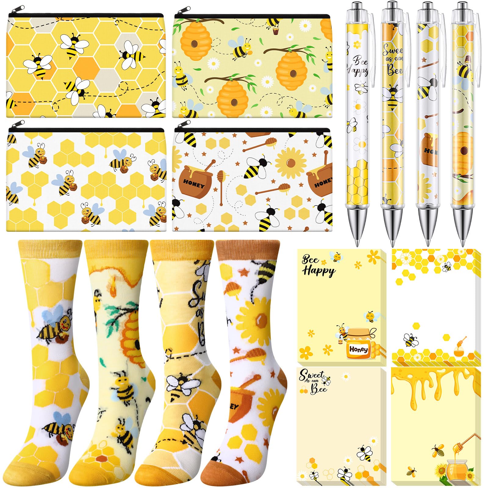 Dispowreath 16 Pcs Bee Lover Gifts for Women:Cute Bee 3"x4" Sticky Notepads Pens Makeup Bags Socks Set for Animals Lover Graduation Birthday Gifts