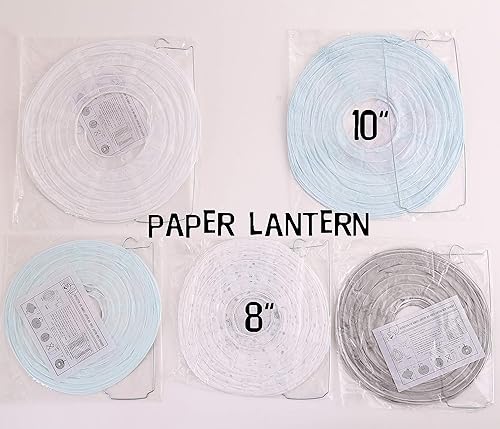 Miniatura 2 de luckylibra Decoraciones de baby shower para niño, guirnalda de elefante y farol de papel, pompones de flores de papel (azul blanco y gris)