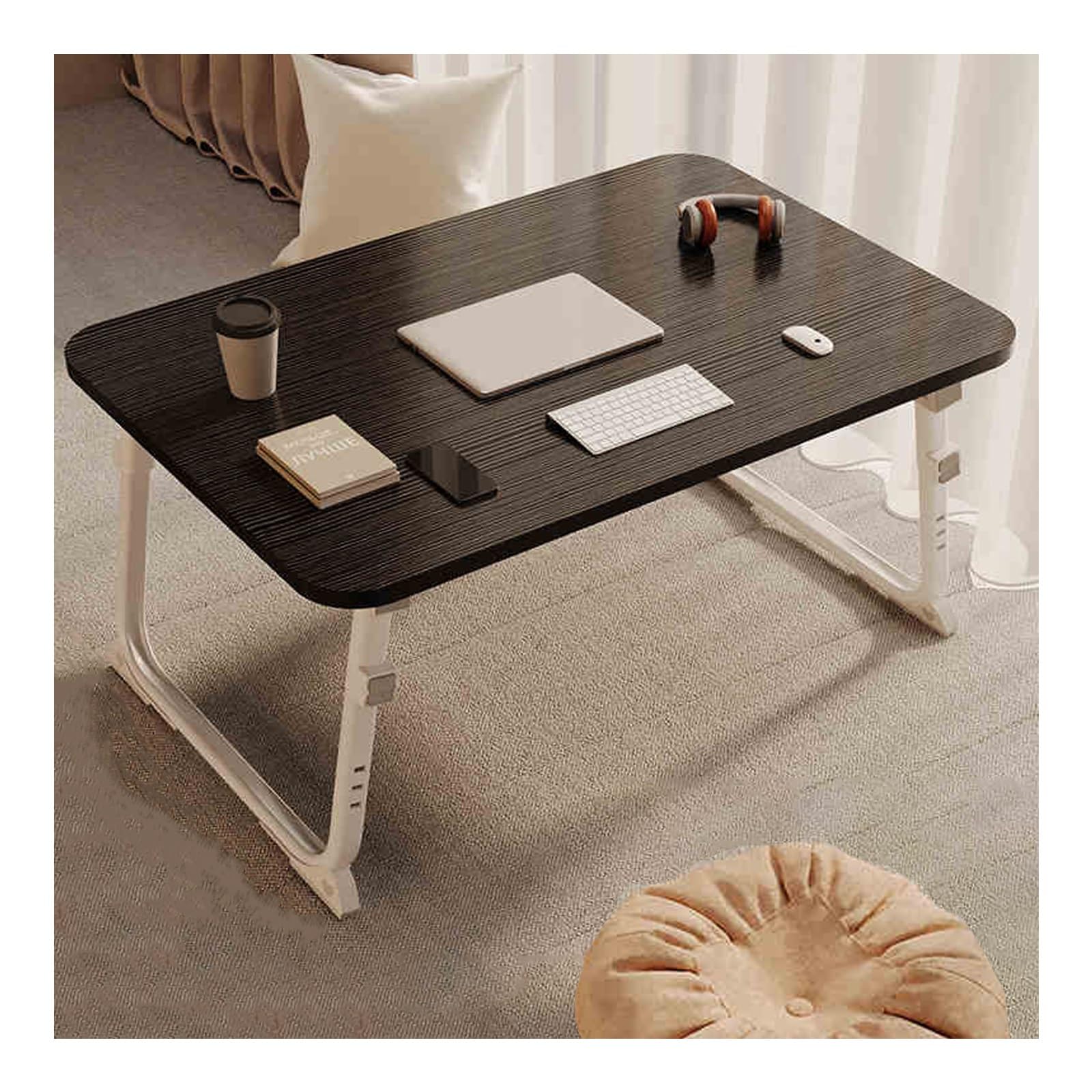 Tavolino basso da letto, scrivania per laptop, supporto per laptop da grembo, pieghevole per laptop, portabicchieri, scrivania pieghevole da grembo, mini tavolo portatile con cassetti e ripiano di le