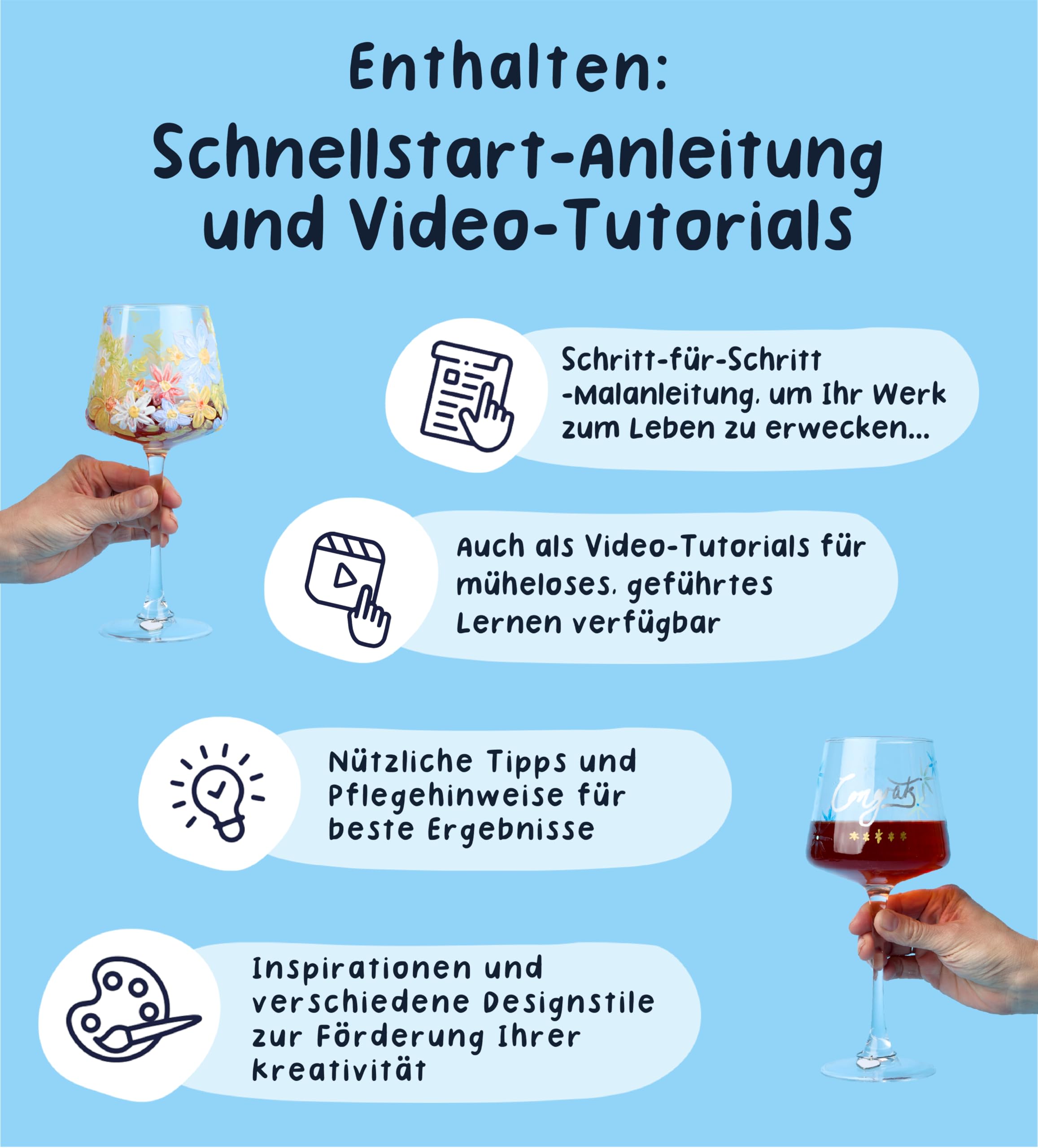 Pott’d Paintables Weingläser zum Bemalen - DIY Gläser-Bemalen-Set für Erwachsene mit Weingläsern, Emaillefarben, Pinseln, Stiften und Anhängern - Bastelset für Anfänger