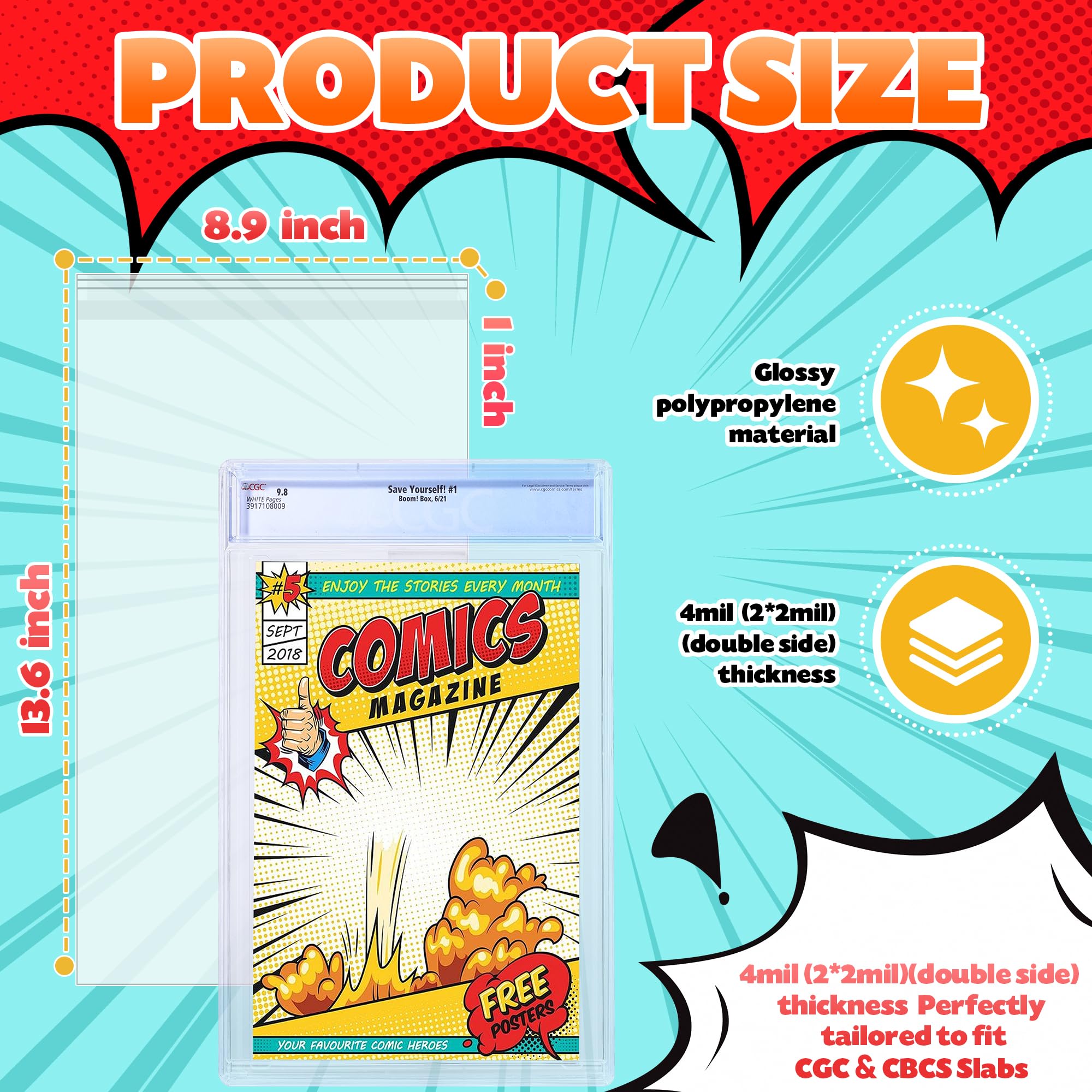 50 Pcs Resealable Graded Comic Book Bags,Clear Plastic Comic Sleeves for CGC and CBCS Slabs Collection Storage Protection