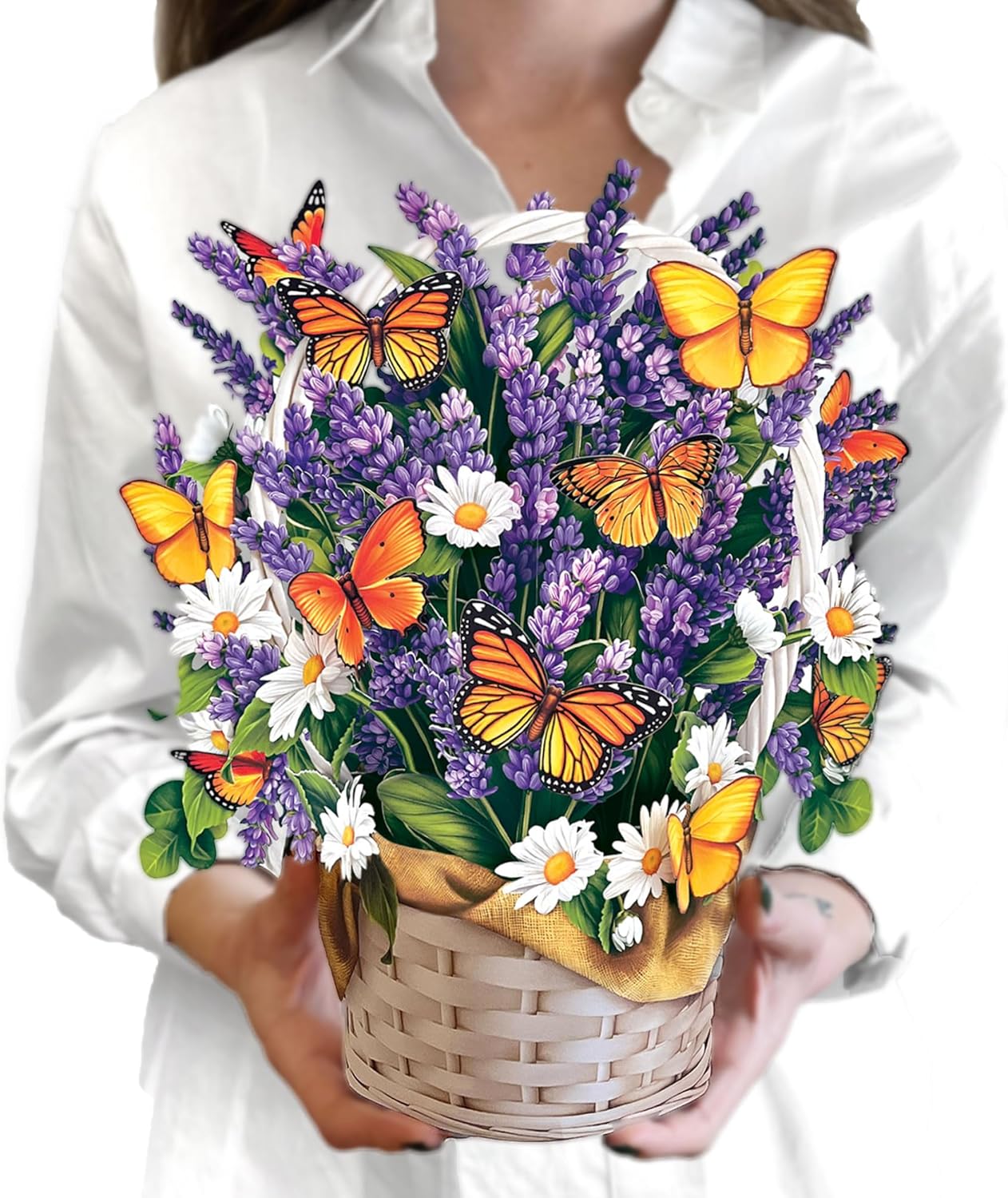 FreshCut Paper Lavender & Butterflies Pop-Up Bouquet: 12" Lifesize 3D Forever Flower Greeting Card, Birthday Thank You Blank Note & Envelope