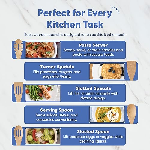 Miniatura 5 de Chef's Path Juego de utensilios de cocina de madera Juego de utensilios de cocina de madera de haya de 5 piezas con soporte de cuchara de silicona,