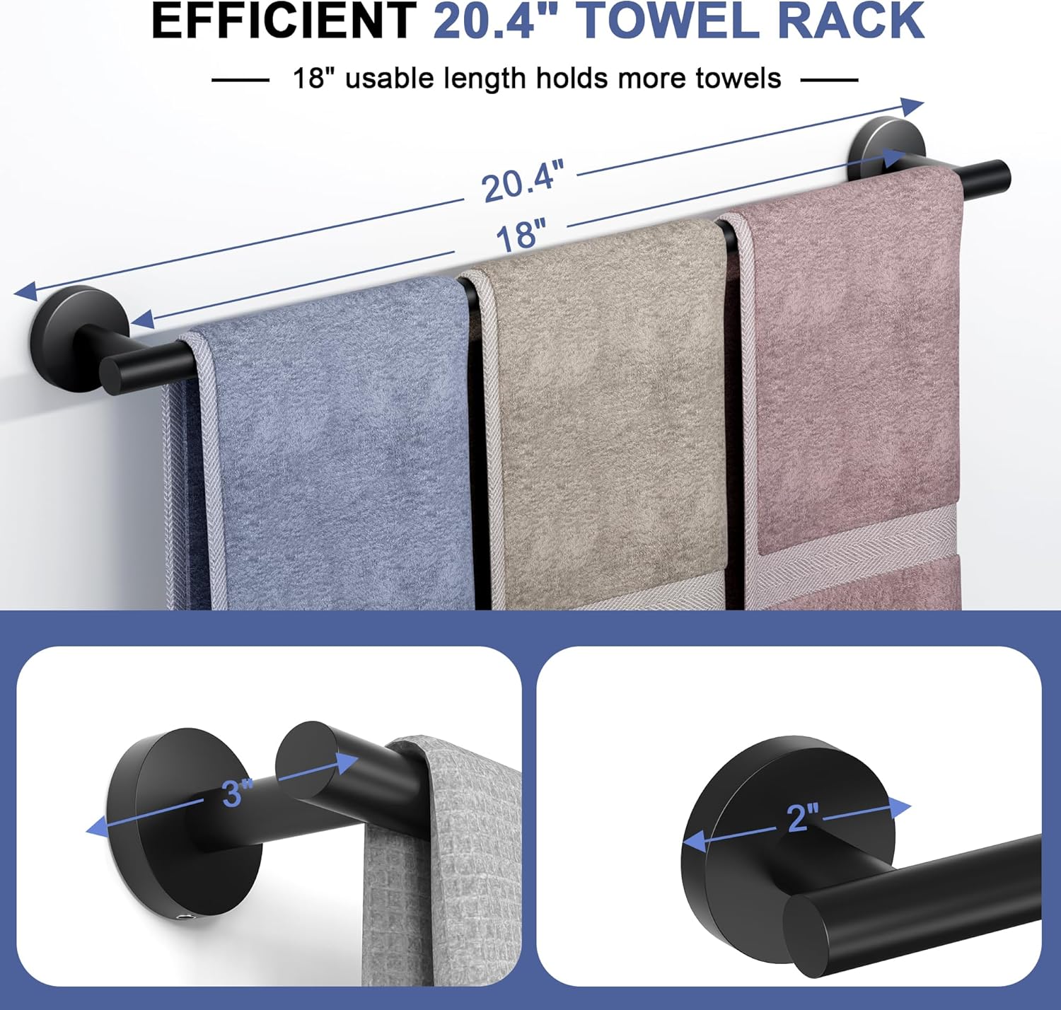 Matte Black Towel Bar, 18 Inch Towel Racks for Bathroom Wall Mounted, SUS304 Stainless Steel Bathroom Towel Holder, Total Length 20.4 Inch Towel Bars - Image 4