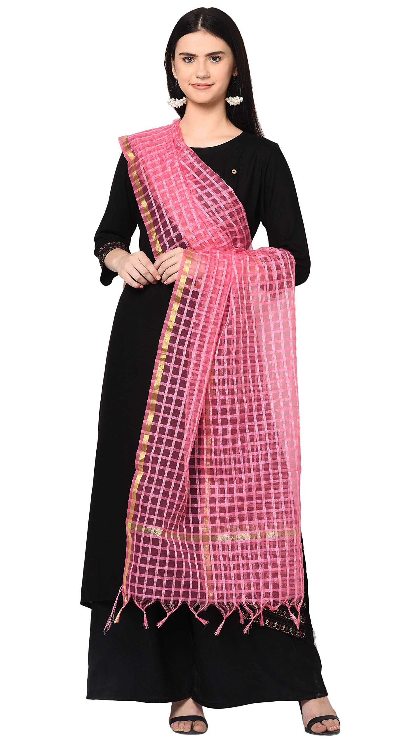 Weavers Villa Banarasi Poly Silk Checks Women's Dupatta (Pink Checks), 2.25 Mtrs