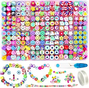 666PCS Flower Fruit Polymer Clay Beads Charms 24 Styles Cool Fun Cute Preppy Beads for Jewelry Making Girls Indie Aesthetic Beads DIY Bracelet Accessories Kit 5m Crystal Elastic String for Kids