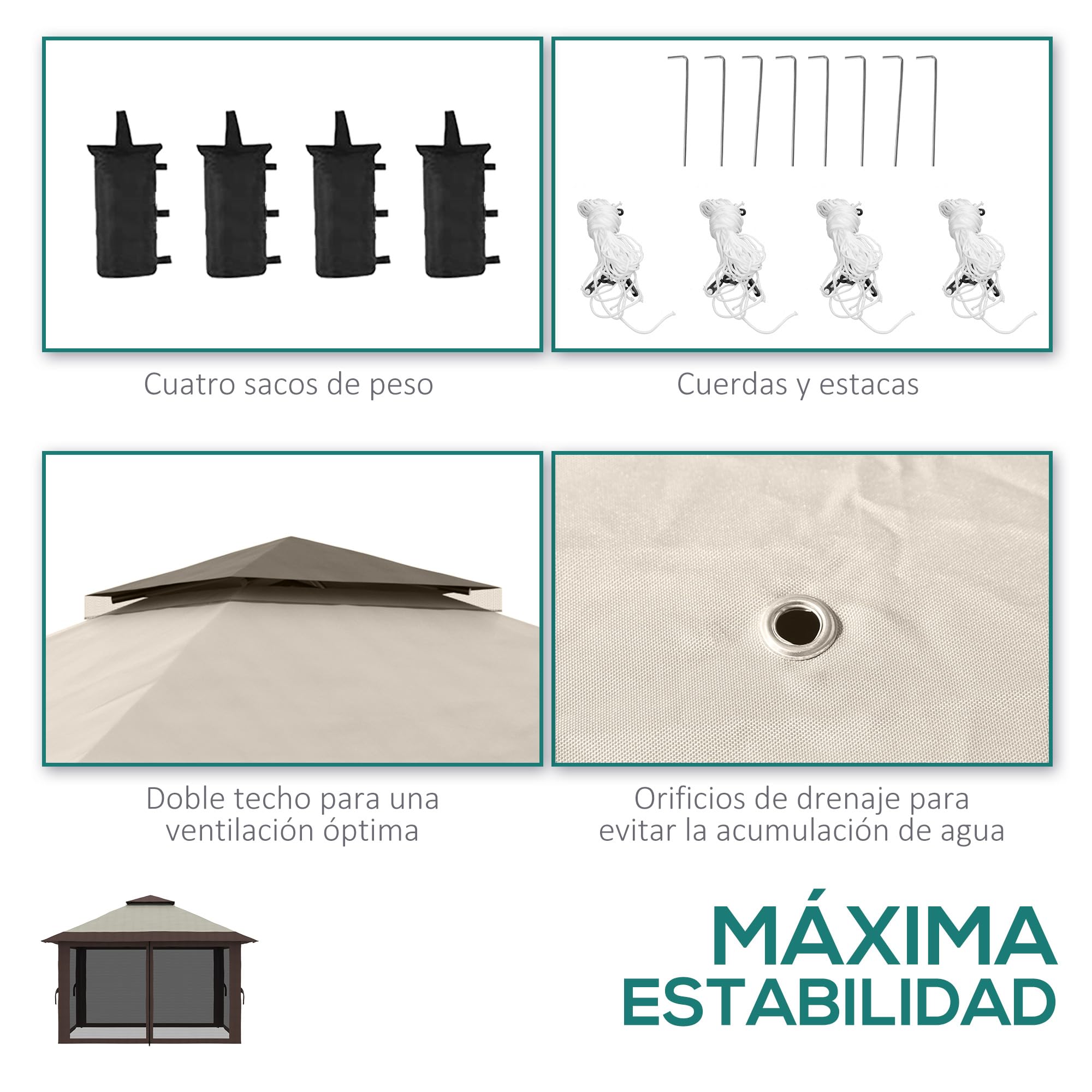 Outsunny Carpa Plegable Pop-up 4x4x2,8 m Cenador de Jardín con Paredes Altura Ajustable Anti-UV Impermeable Doble Techo Mosquiteras y Bolsa de Ruedas Gazebo para Exterior Fiestas Camping Beige