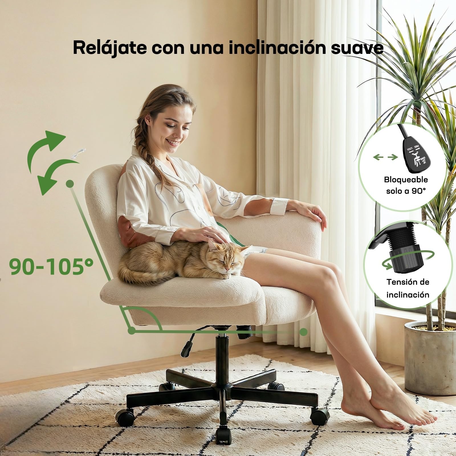 Marsail Silla Escritorio, Brazos Reg 180°, Respaldo Reclinable 105°, Beige