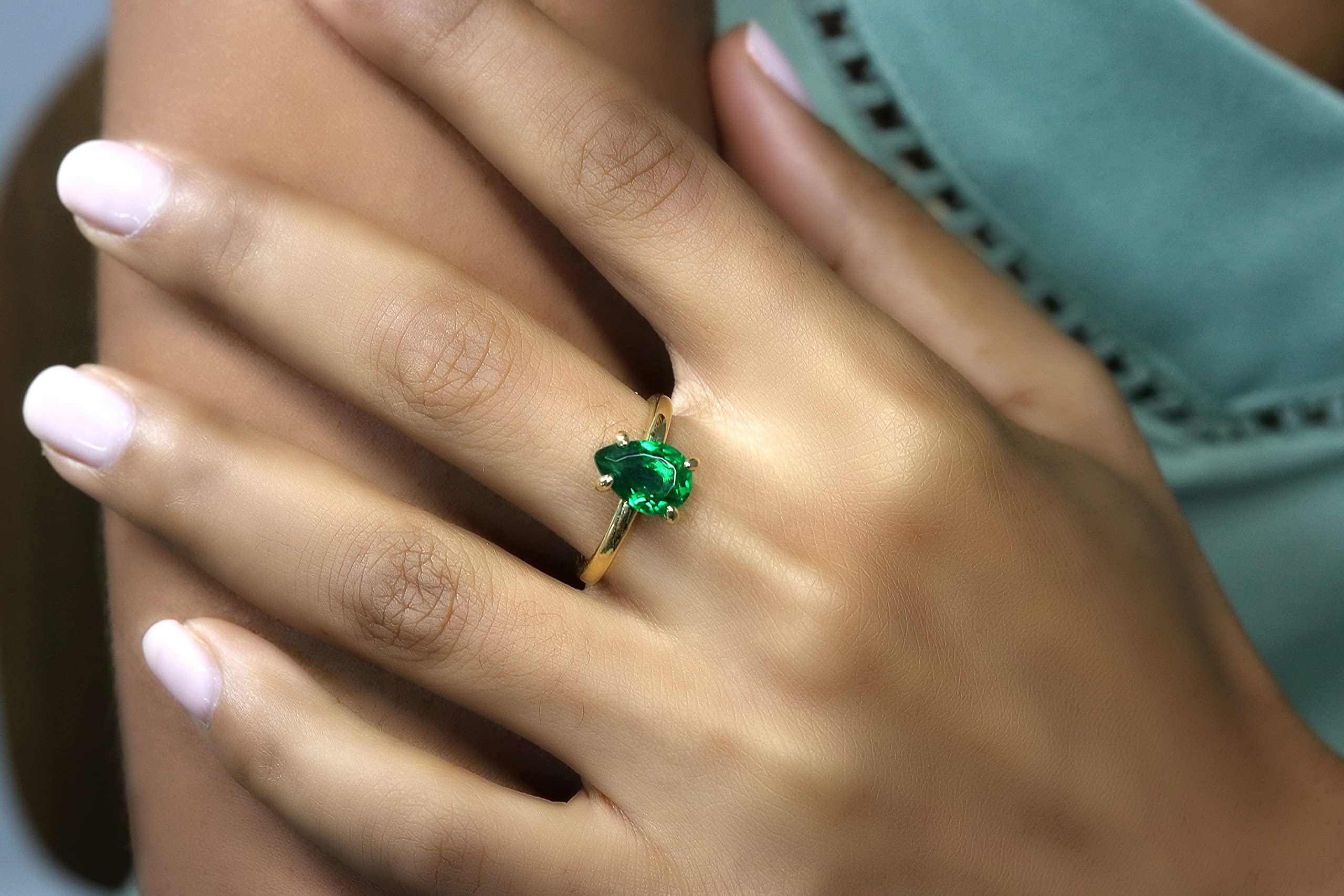 Anillo de Esmeralda Pera Compromiso Boda - Anillo Piedra de Nacimiento Todos los Días - Anillos Artesanales Dainty, Anillos de Promesa Personalizados, Anillos Apilables - Joyería Artesanal para Mujer