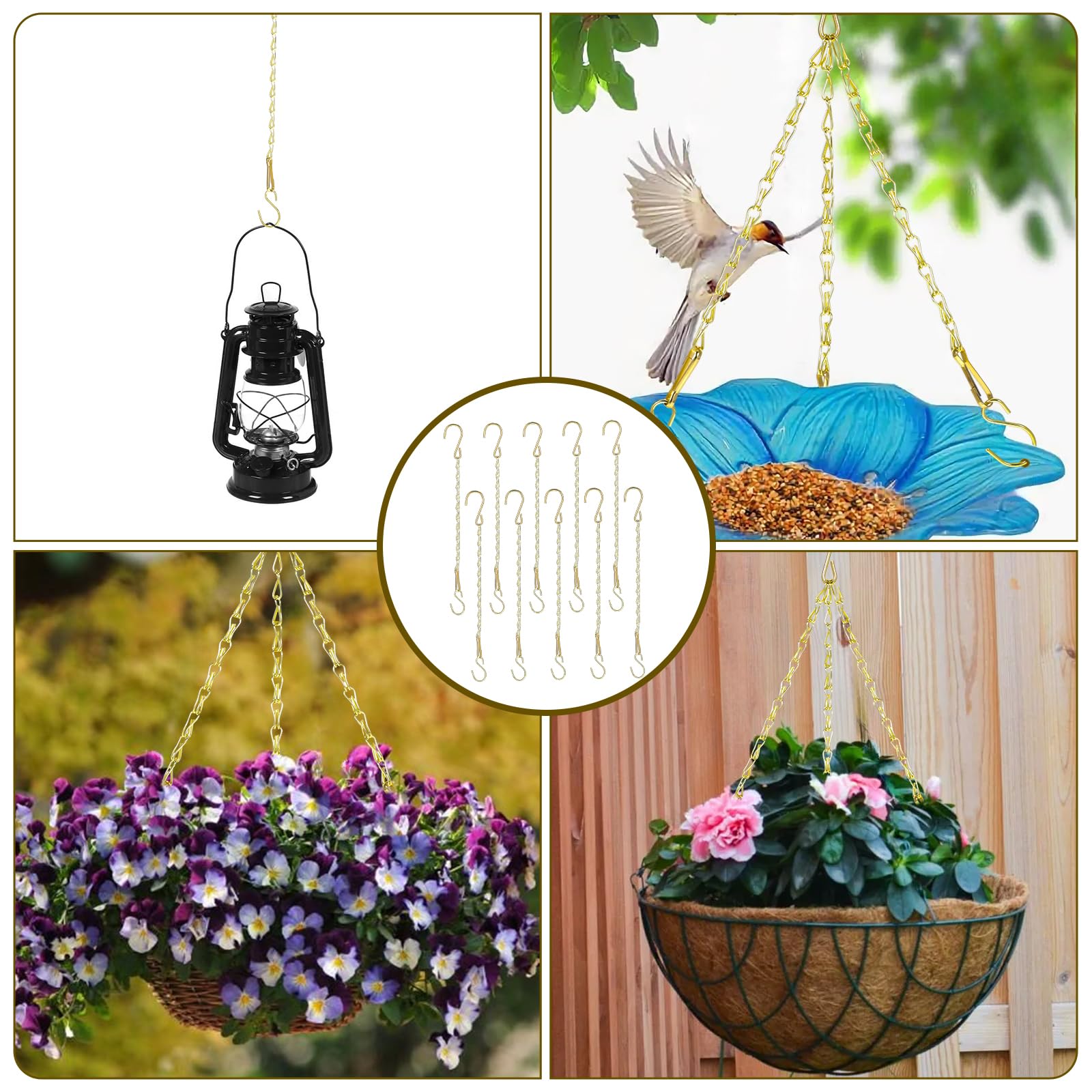 Chaînes Charge 5kg Accessoire Suspension Décoration YELYTR - Lot De 10 Chaînes Suspendues 29cm Avec Crochets En S - Pour Plantes, Nichoirs, Carillons - Support 5kg - Doré 5kg Charge Chaînes Suspension Plantes