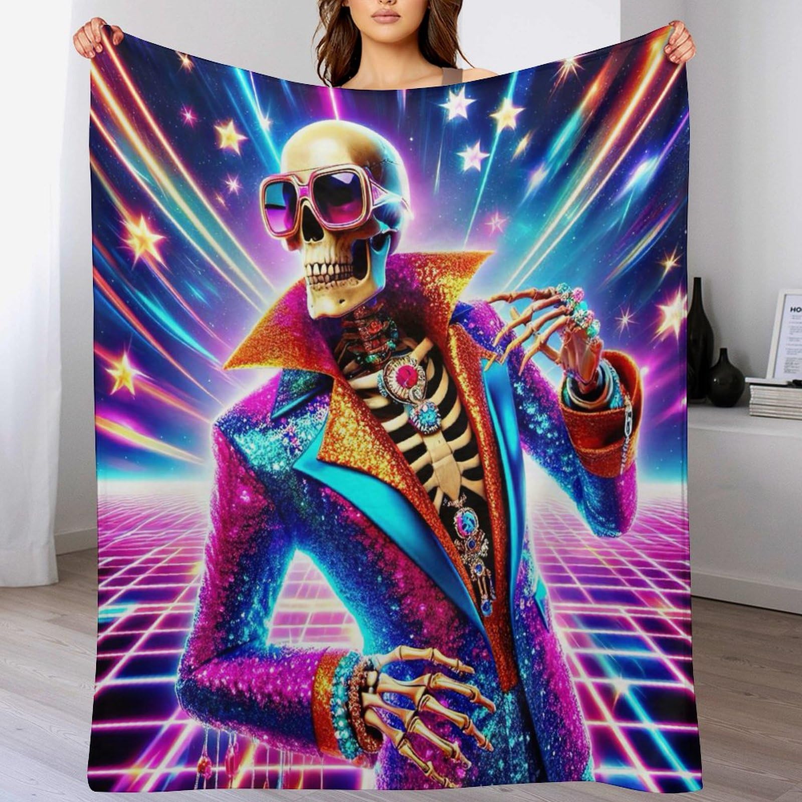 Manta de calavera de discoteca mullida estampada y manta de franela grande de sofá