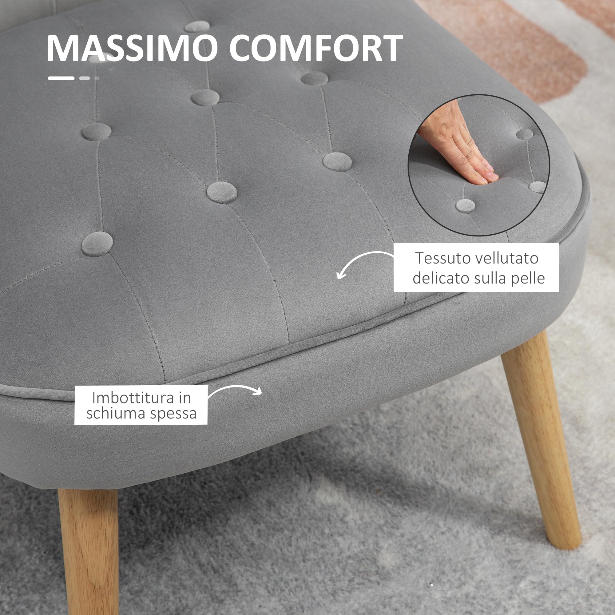 HOMCOM Poltrona per Soggiorno e Sala da Pranzo con Seduta Imbottita, Poltroncina da Camera con Gambe in Legno e Tessuto Effetto Velluto, 60x66x79 cm, Grigio