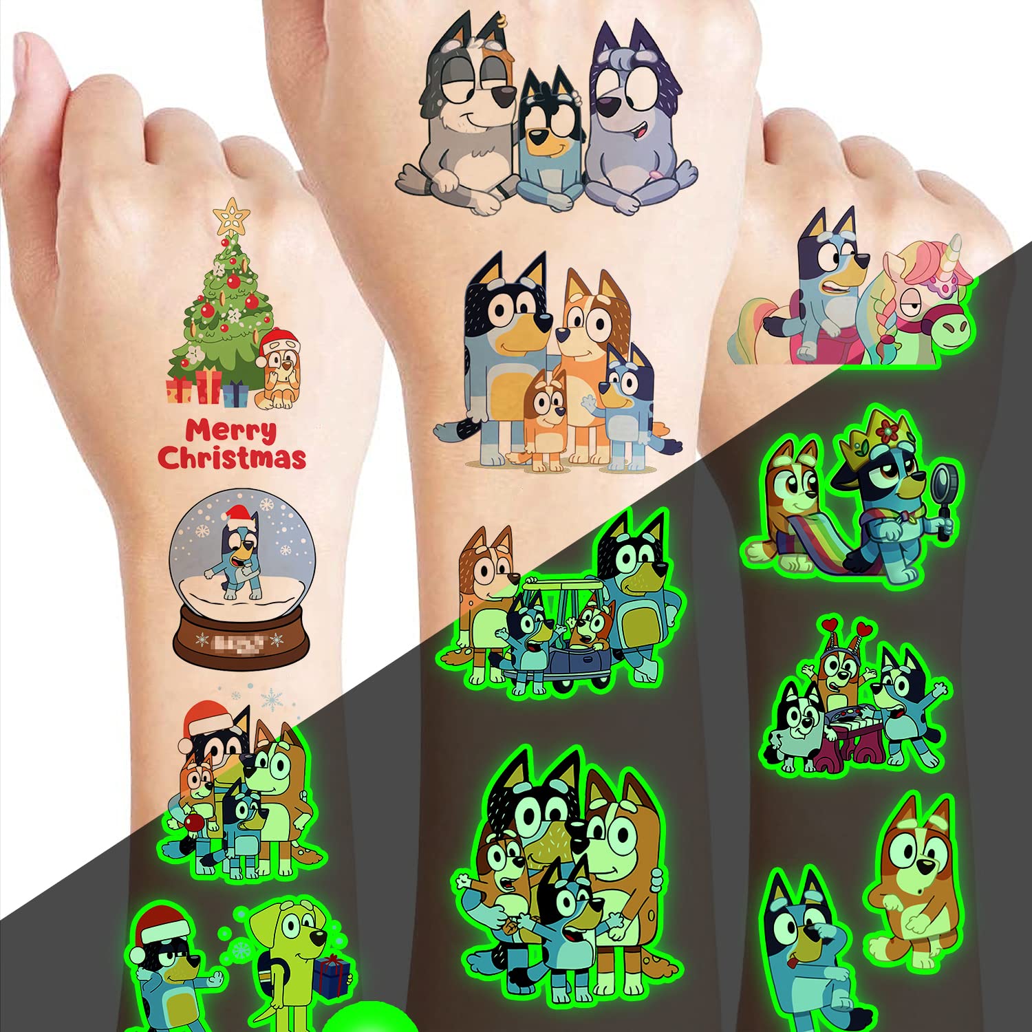 Amazon.com : 14 Sheets Bluèy Tattoos Stickers Christmas Temporary 252 PCS  Tattoos Stickers Luminous in The Dark for Kids Bluèy Dog Birthday Party  Supplies Cute Party Favors Boys Girls Gifts Themed Decorations :