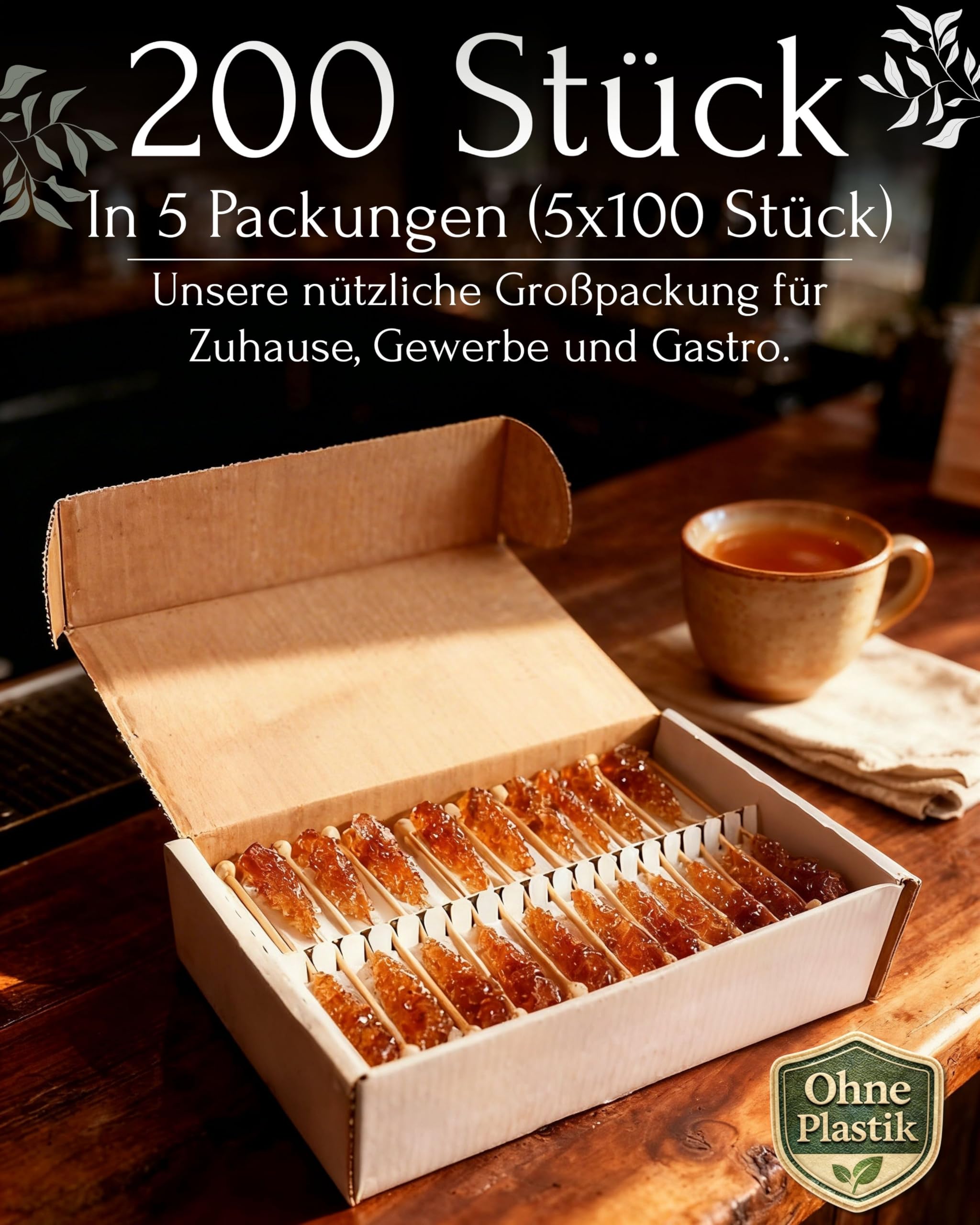 Premium Kandissticks 200 Stück | Teezucker am Stiel - Kandiszucker Stäbchen