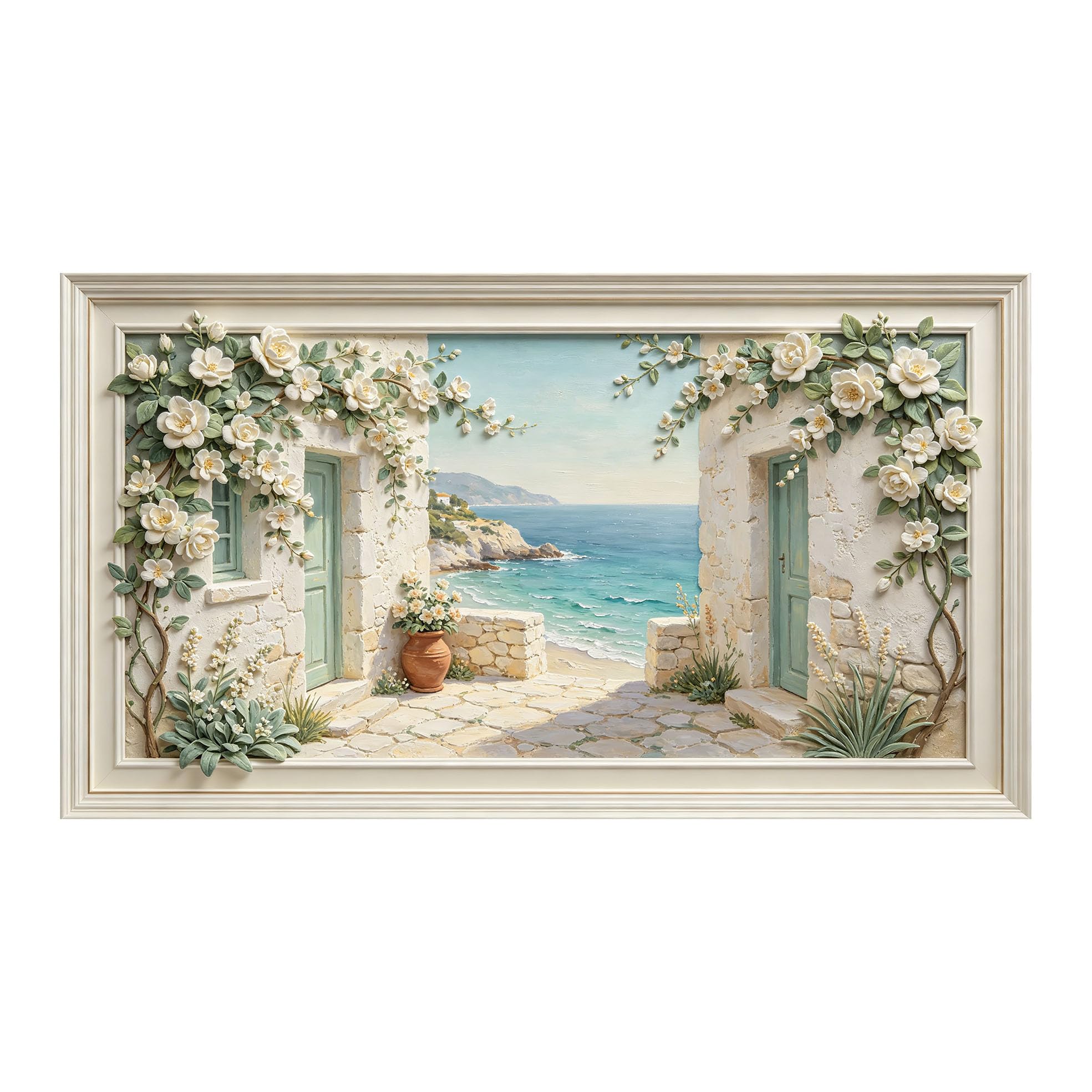 Murasolite 3D Framed Wall Art Mediterranean Coastal Floral Seaside Landscape Oil Painting SelfAdhesive Fabric Mural Wall Decor,No Damage to Wall,AntiFall Safe Design for Bedroom Living Room