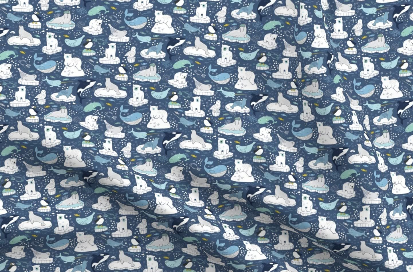 Spoonflower Fabric - Arctic Animal Blue Mustard Medium Small Teal Polar Bears Puffins Ocean Printed on Minky Fabric by The Yard - Sewing Baby Blankets Quilt Backing Plush
