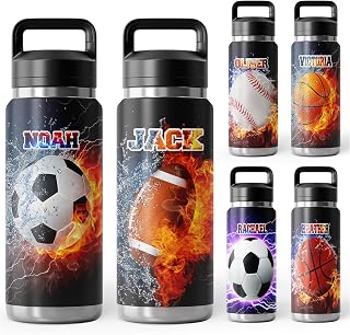 Custom Sport Water Bottle for Kids Personalized Insulated Water Bottles with Name Customized Soccer/Football/Basketball/Baseball, 12/18/20/30/40 OZ Stainless Steel