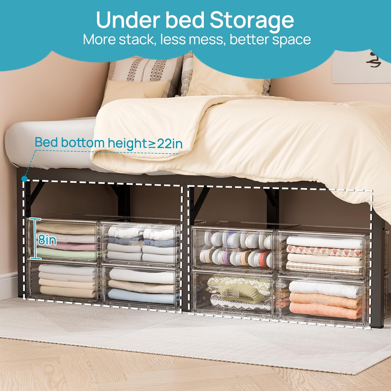 Vtopmart 4 Pack Large Clear Stackable Storage Drawers 27QT, Easily Assemble Plastic Closet Storage Bins, Dust-Proof UnderBed Organizer for Clothing, Sweater Organization - Image 5