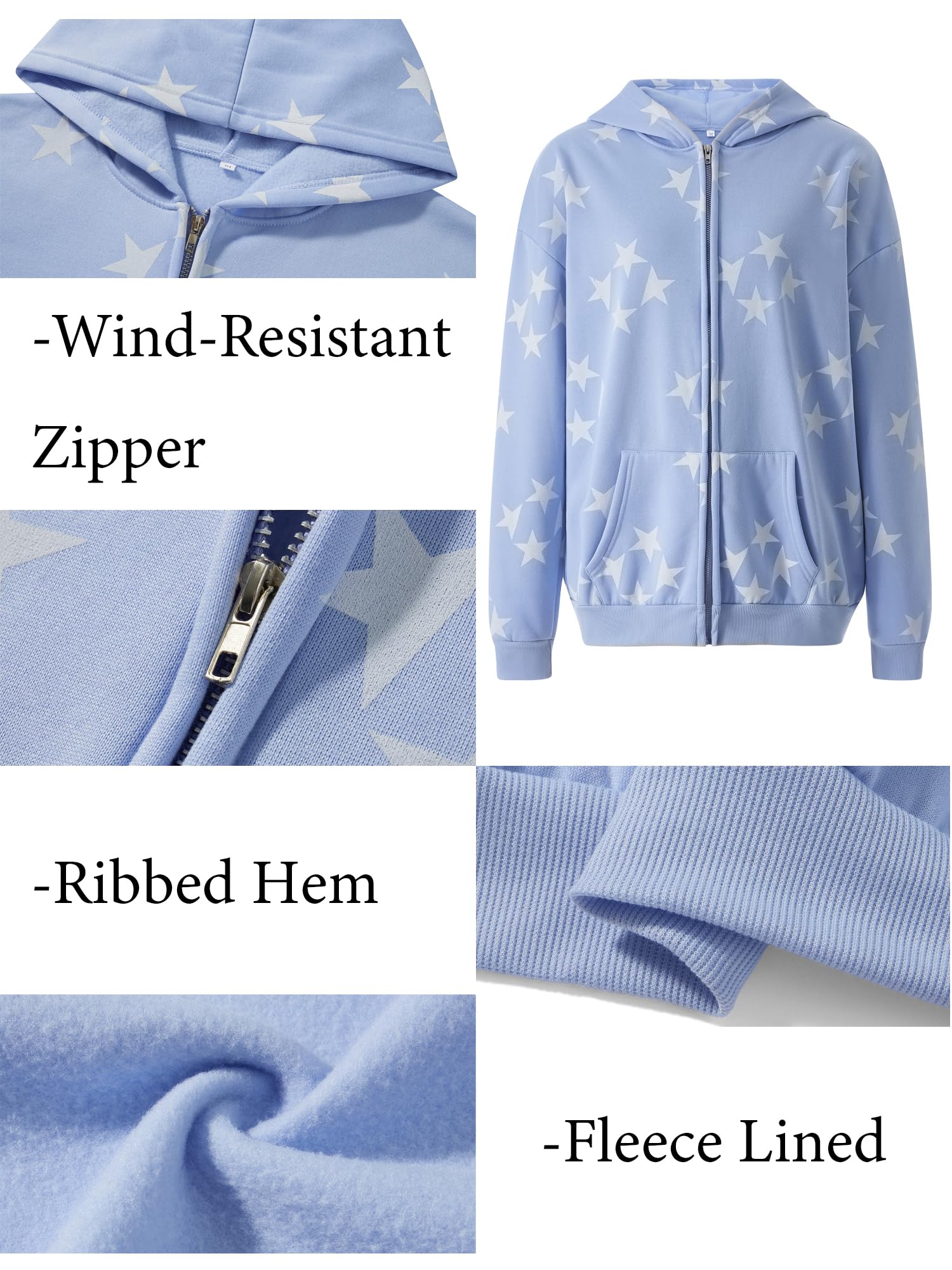 Sexy Outfit Damen Y2k Grunge Star Zip-Up Hoodie Gemütliche Loose Fit Harajuku Streetwear Sweatshirt mit Tasche für Herbst Winter