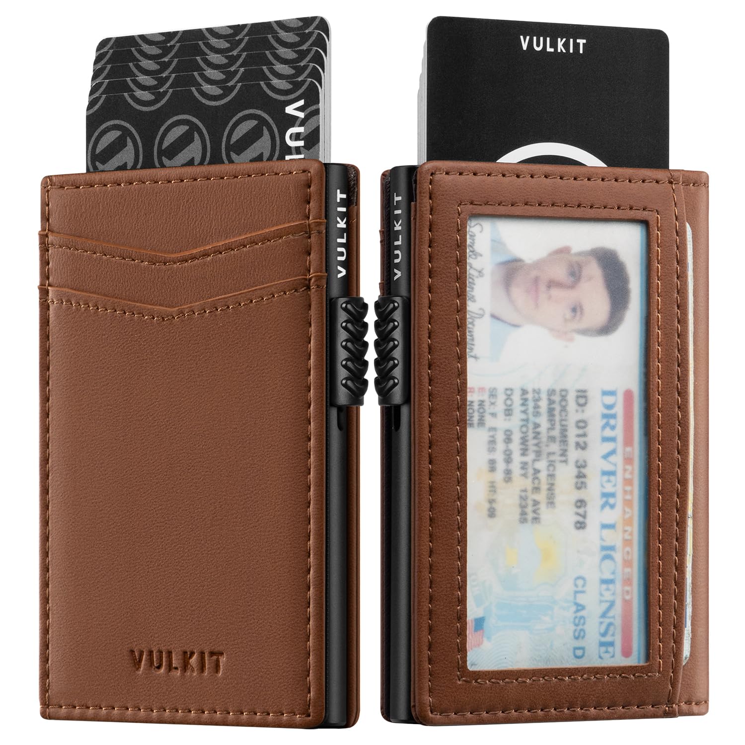 VULKIT Men's Wallet with ID Window Premium Leather Wallets RFID Blocking Minimalist Wallet Pop Up Card Holder Magnetic Closure