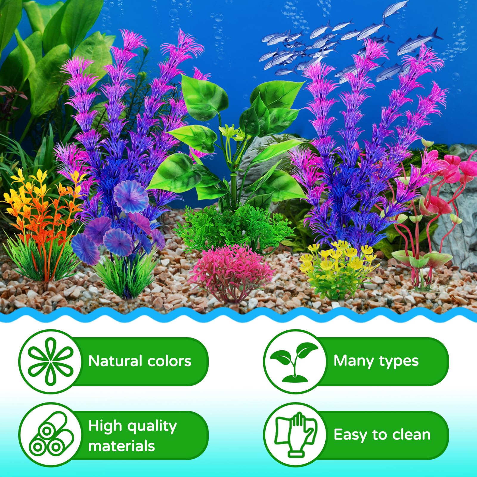QUOZUO Fish Tank Accessories Aquarium Decorations Plants, 9pcs Colorful Fish Tank Artificial Plants and Cave Rock Decor Set, Aquarium Decor Plastic Plants
