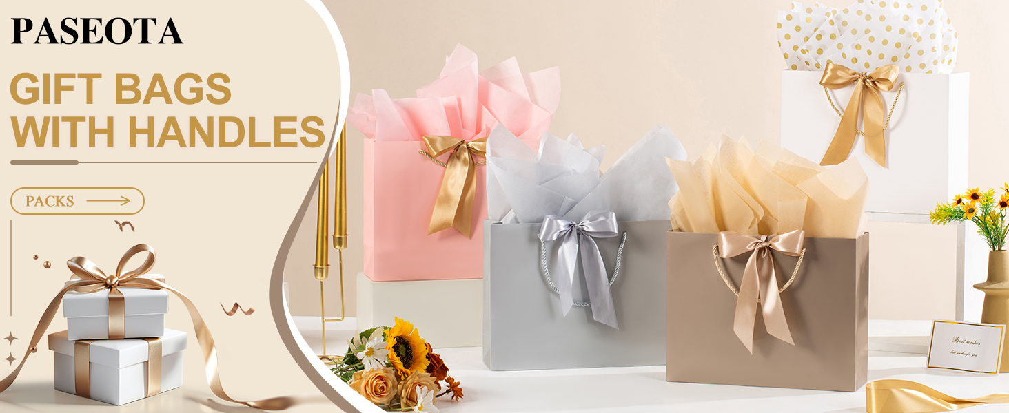 PASEOTA 12.6" Gift Bags Bulk, 10 Pcs Gift Bags with 20 Tissue Paper 10 Greeting Cards, Luxury Bag with Handles for Wedding Birthday Graduation Fathers' Day (Champagne)