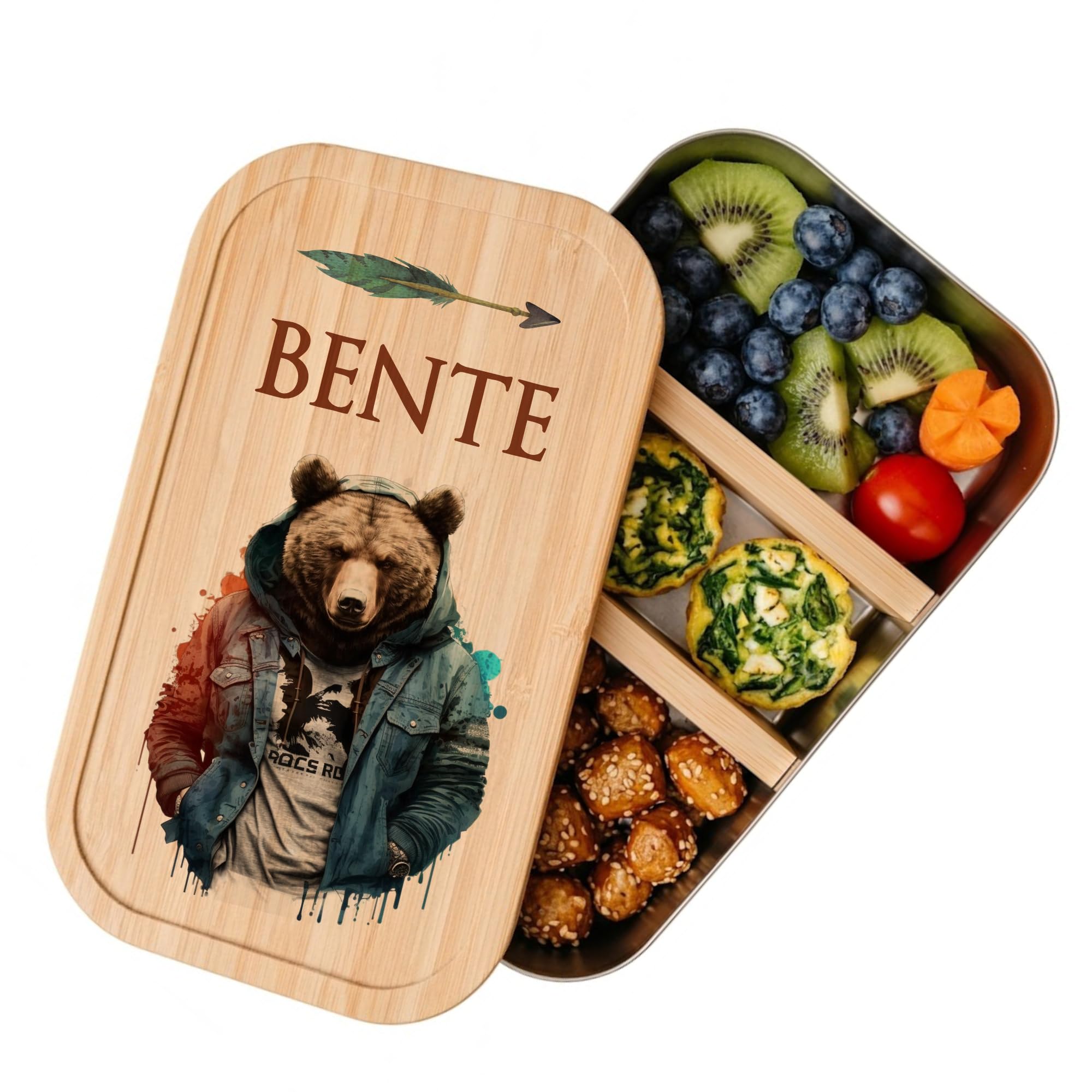 Manufaktur Liebevoll - Personalisierte Brotdose mit Fächern, Edelstahl Lunchbox mit Bambus Deckel u. Trenner, Nachhaltige Brotbüchse, Vesperdose | Mädchen, Jungen (Motiv Bär, Edelstahl | Größe S)