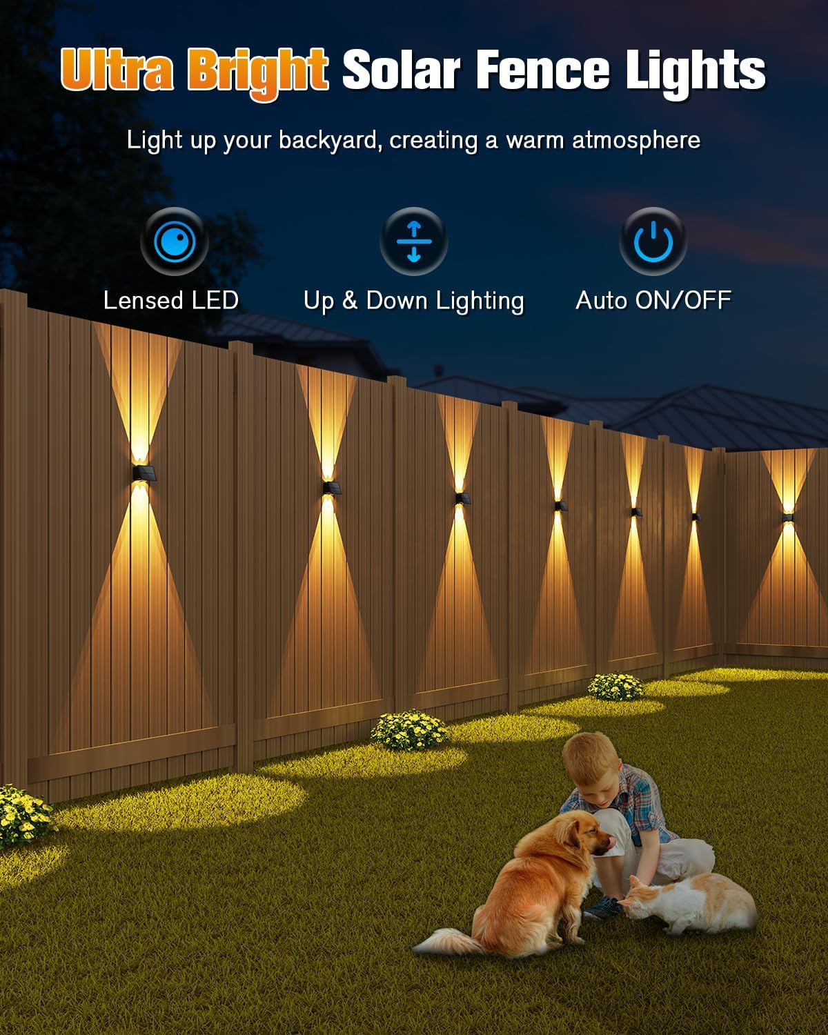 VOLISUN Solar Fence Lights 12 Pack, Color Glow LED Up and Down Wall Lights, IP65 Waterproof Solar Lights Outdoor for Patio, Backyard, Railing, Deck, Fence and Wall (4 Lenses)