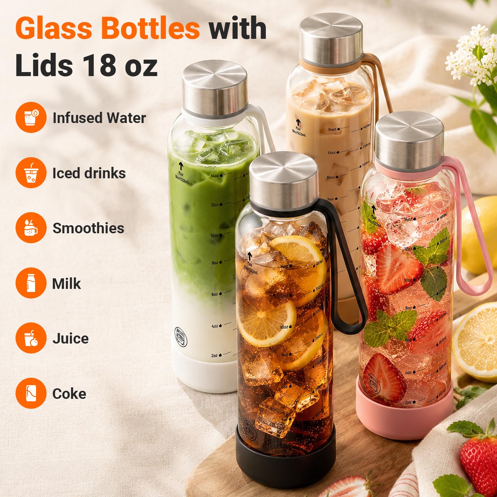 Sursip 18 oz Glass Water Bottles, 6 Pack