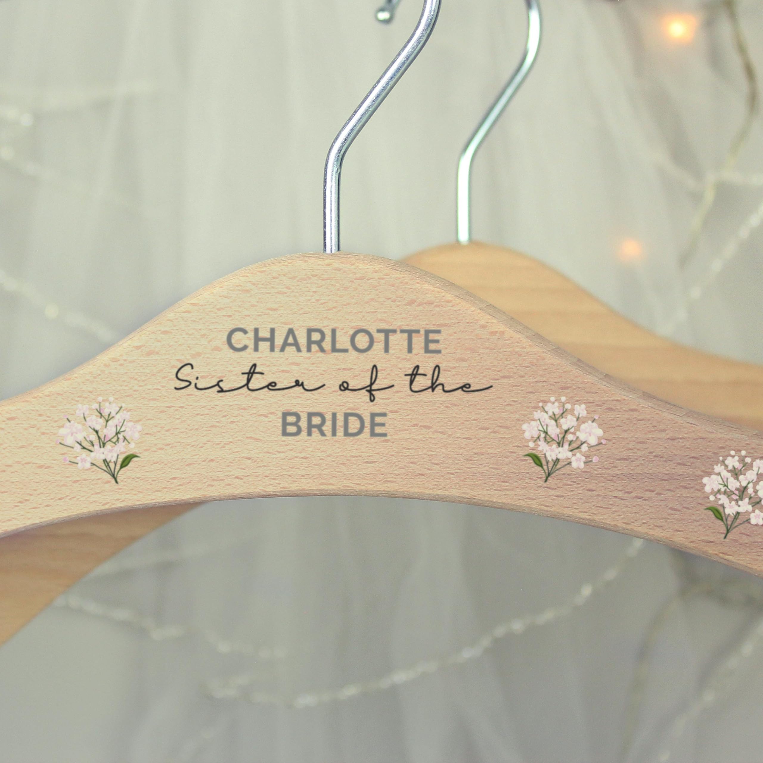 Personalised White Floral Wooden Hanger - Wedding, Prom, Party, Dress, Keepsake, Bride, Bridesmaid
