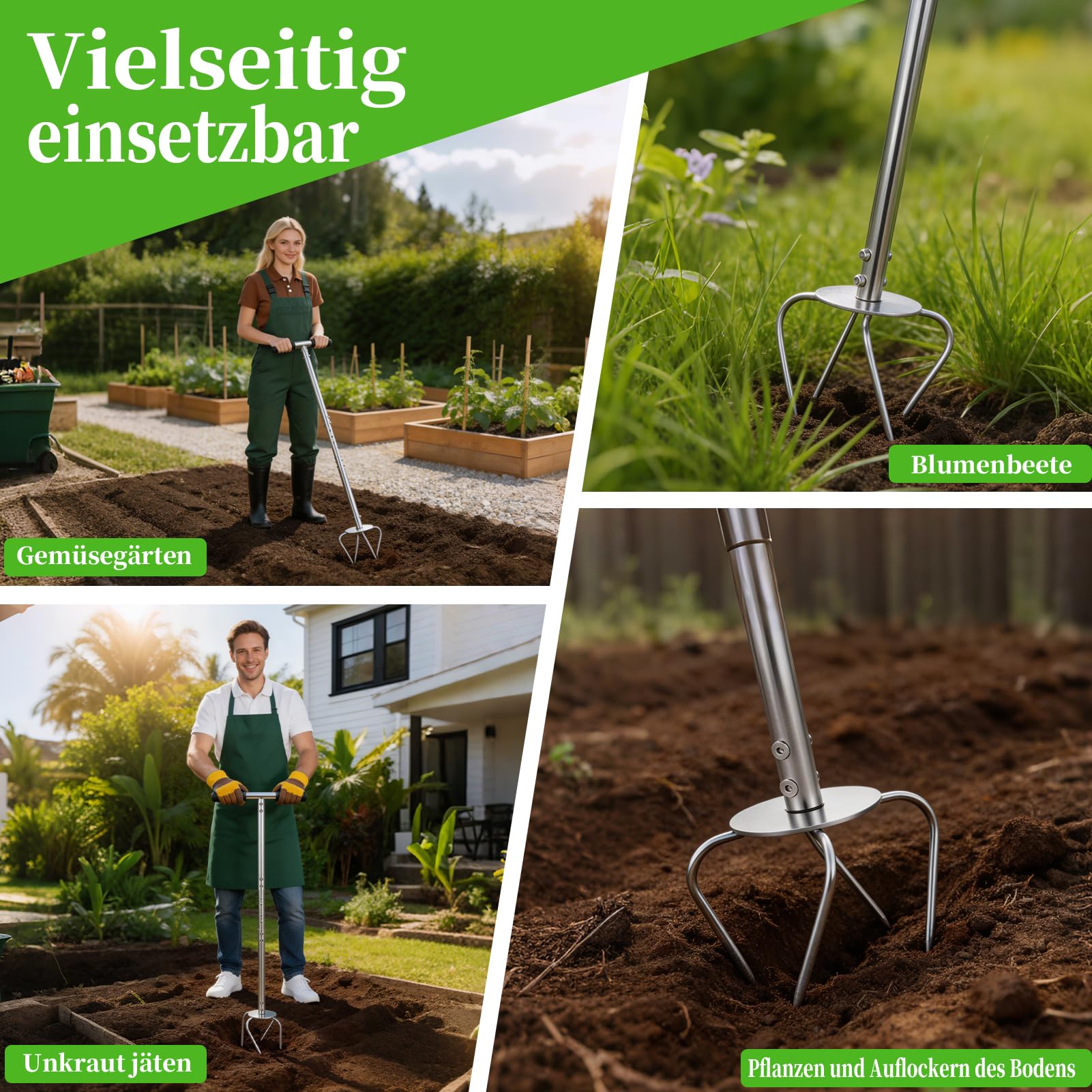 Gartenkralle mit Stiel,4-Zinken Gartenkultivator,103cm Hoch Twist Tiller Gartenfräse,Höhenverstellbar Gartenfräse,Vertikutierer und Unkrautentferner in einem Gerät,Kultivator für Gartenbeet
