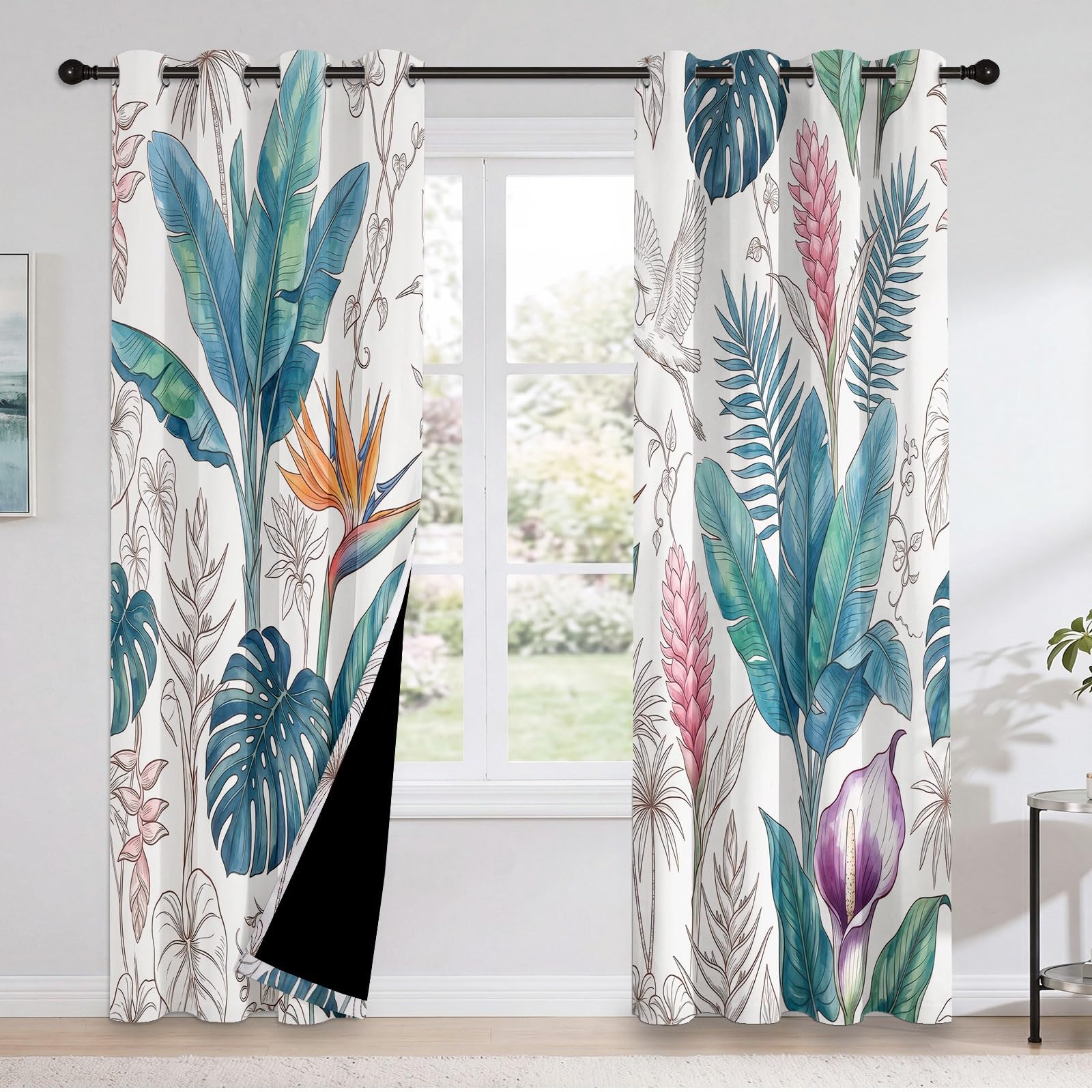Rideau occultant à Motif de Monstera Tropicale, Plante Oiseau Rideaux œillets Isolation Thermique Traitements fenêtre à œillets pour Salle De Séjour, 70L X 240H cm (2 Panneaux), Vert Multicolore